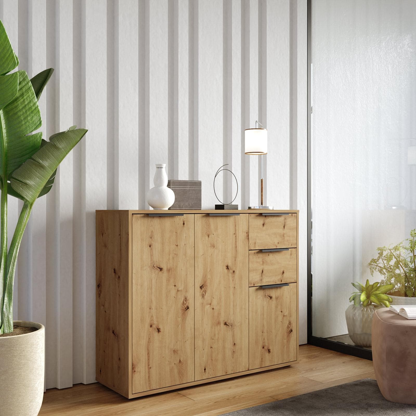 Scarpiera 106x87h cm rovere artisan con 3 ante e 2 cassetti - Delhi