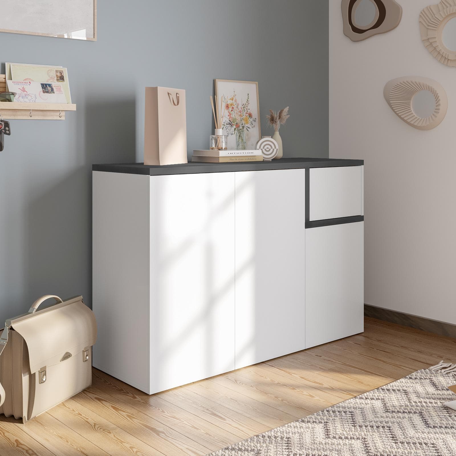 Scarpiera 120x80h cm con 3 ante e 1 anta a ribalta in bianco e antracite - Cirill