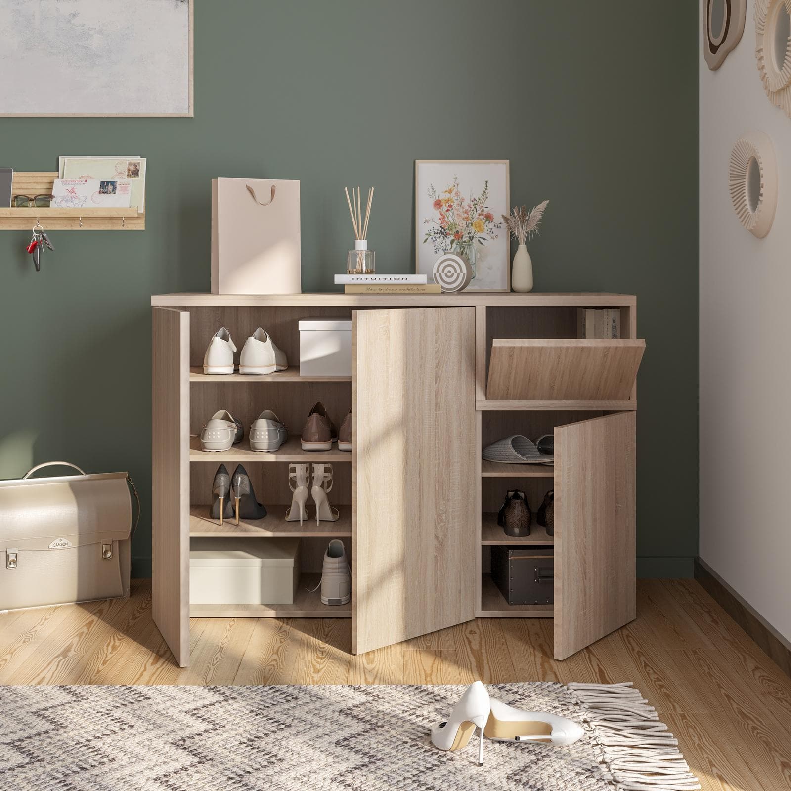 Scarpiera 120x80h cm con 3 ante e 1 anta a ribalta in legno rovere - Cirill