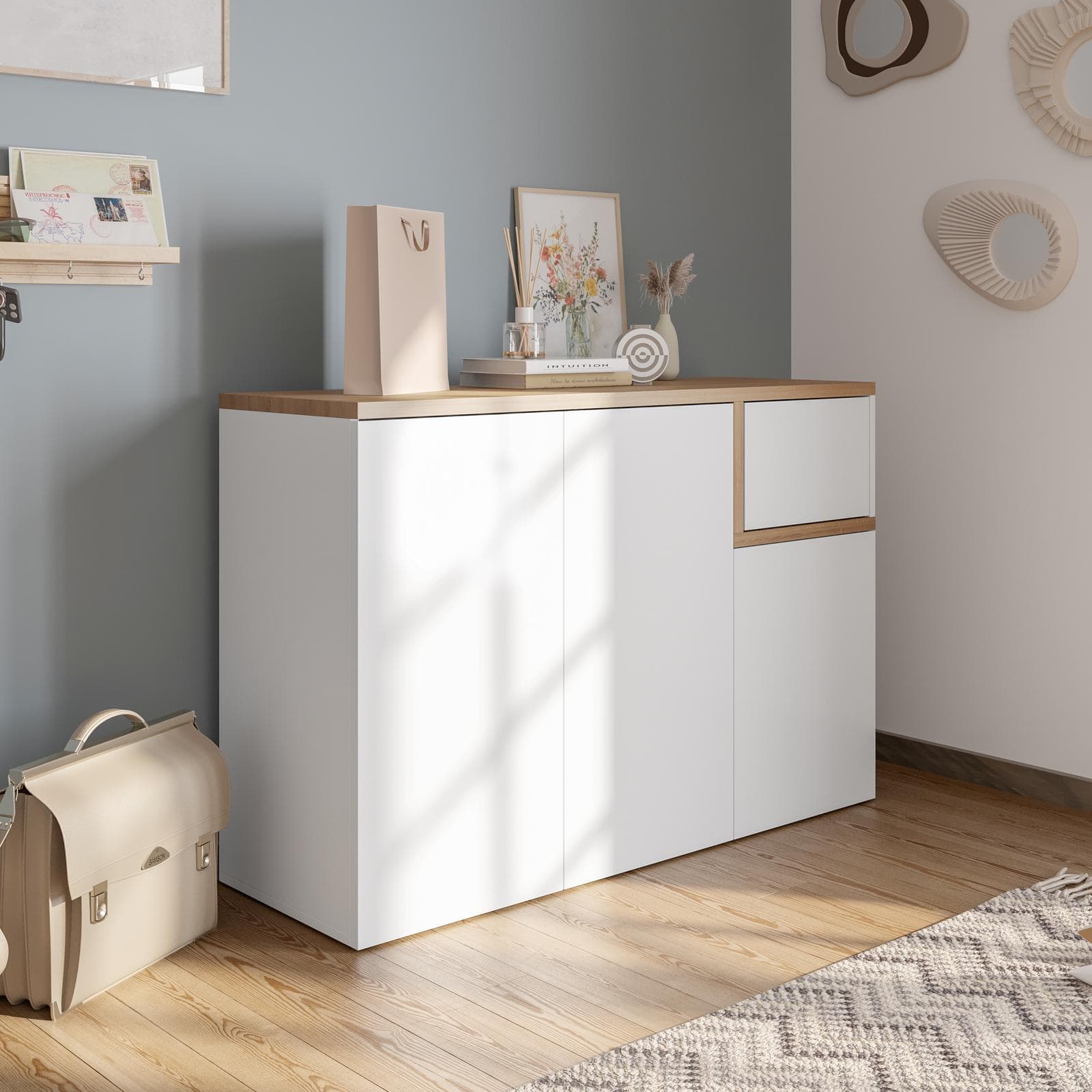 Scarpiera 120x80h cm con 3 ante e 1 anta a ribalta in legno rovere e bianco - Cirill