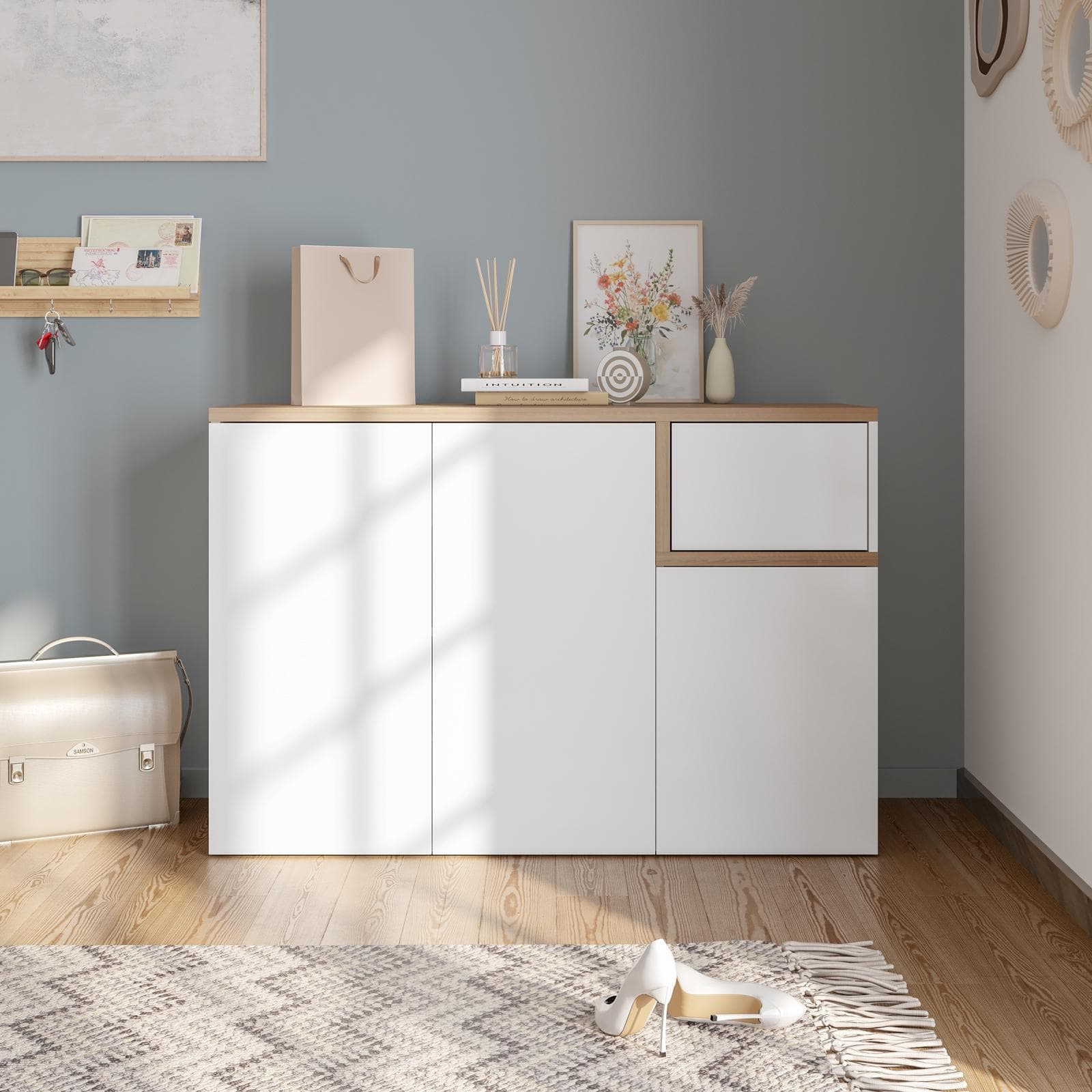 Scarpiera 120x80h cm con 3 ante e 1 anta a ribalta in legno rovere e bianco - Cirill