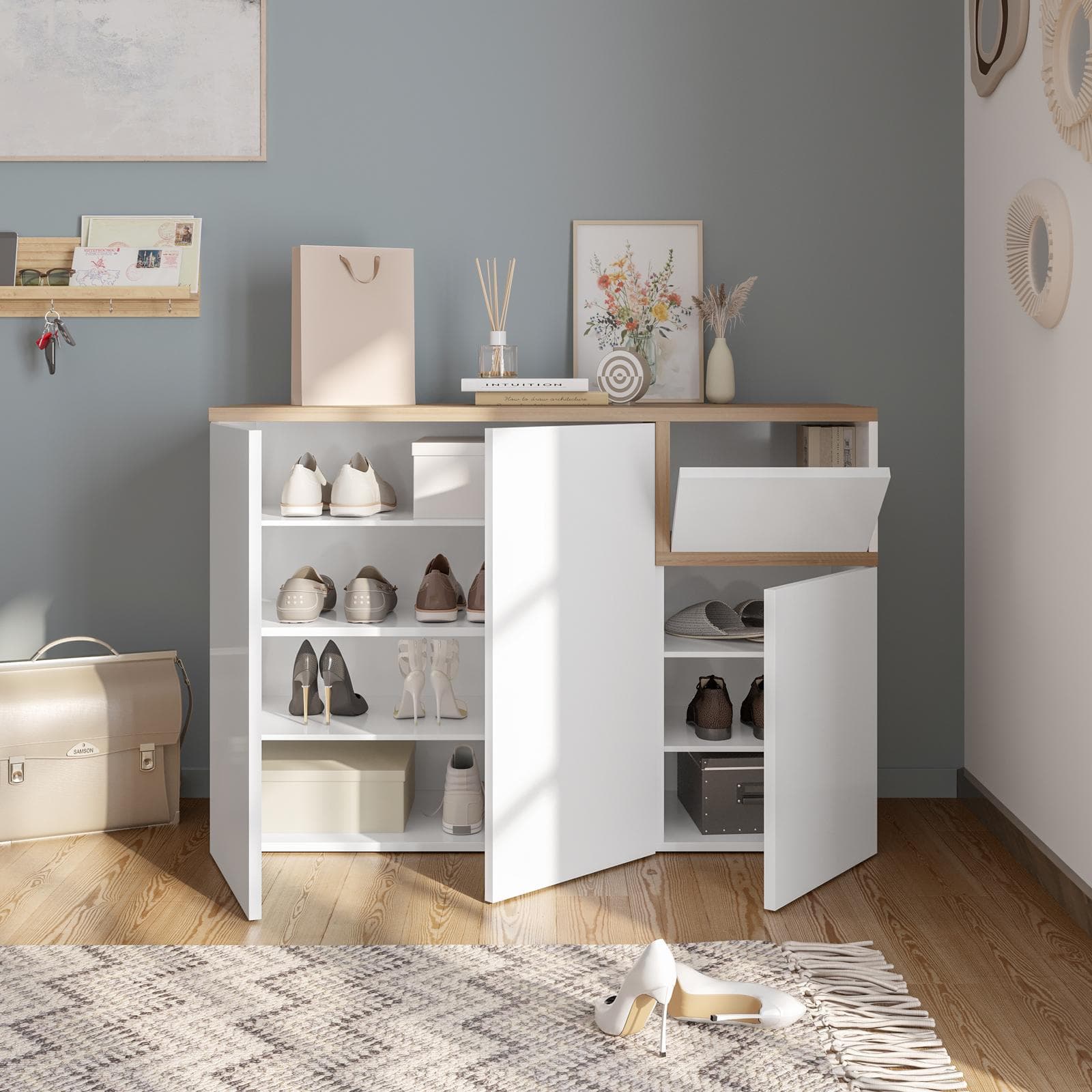 Scarpiera 120x80h cm con 3 ante e 1 anta a ribalta in legno rovere e bianco - Cirill