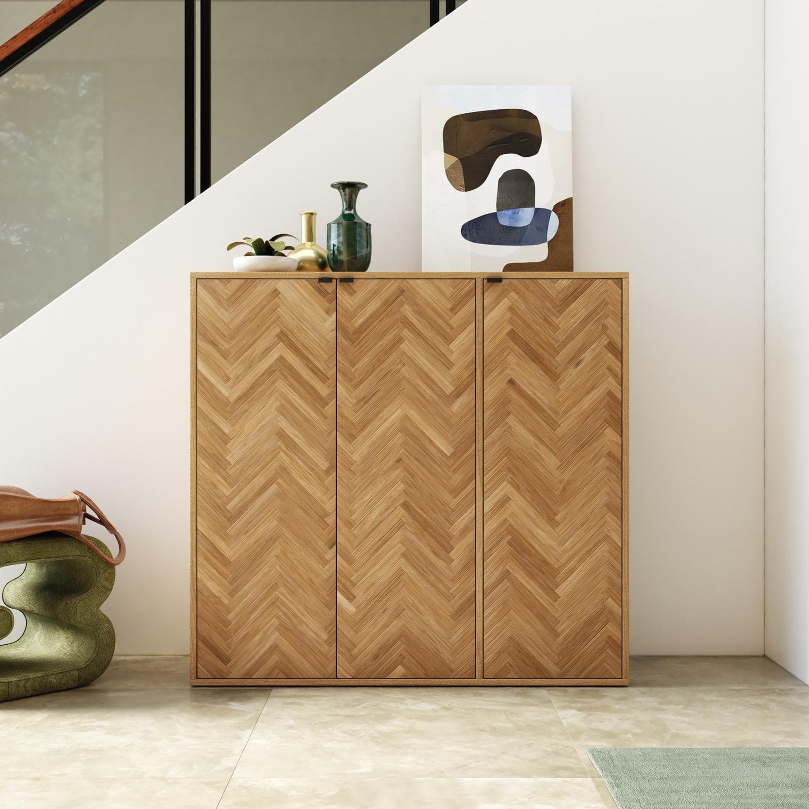 Scarpiera 121x114h cm rovere chiaro effetto parquet con maniglie nero e 3 ante - Mufasa
