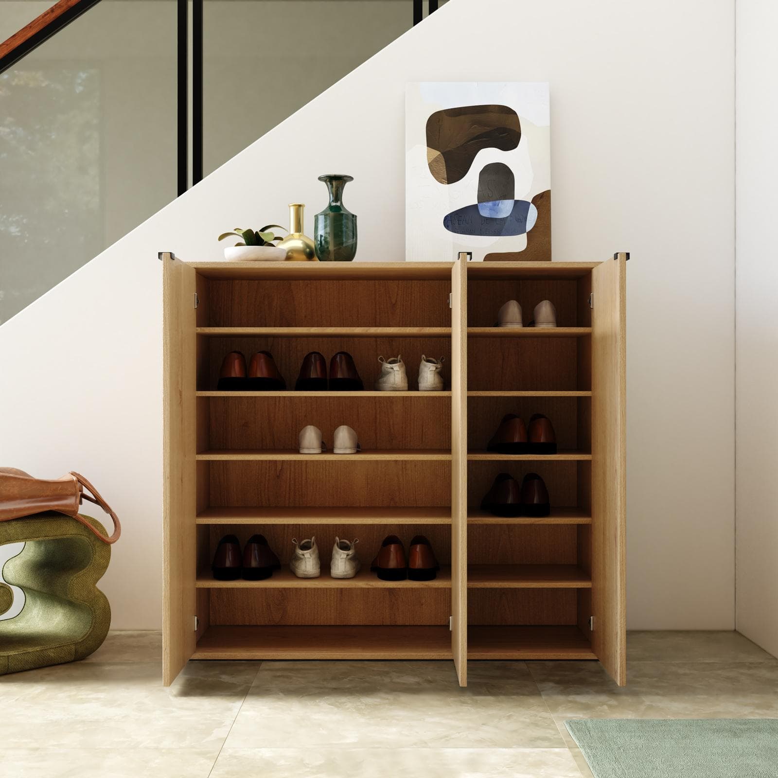 Scarpiera 121x114h cm rovere chiaro effetto parquet con maniglie nero e 3 ante - Mufasa