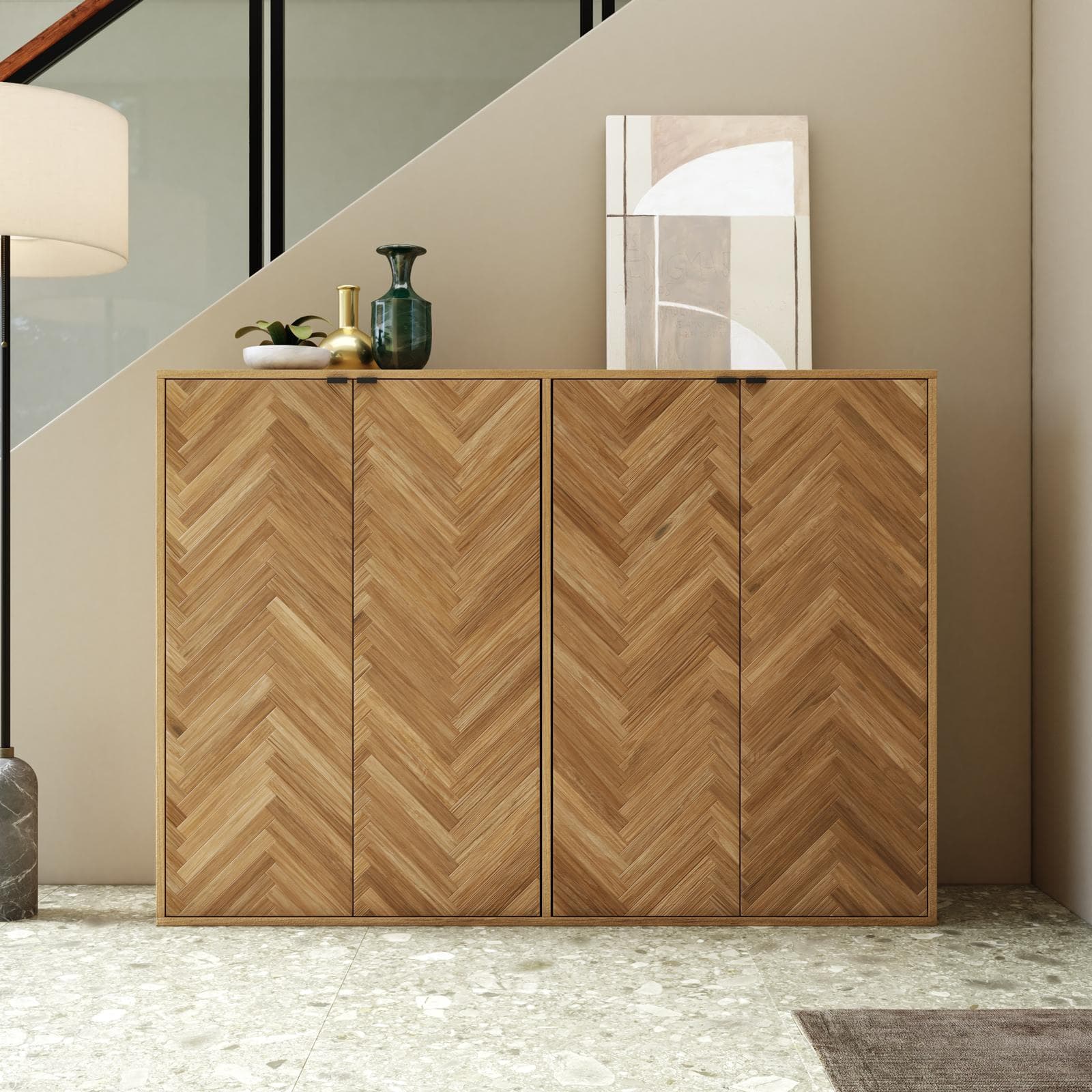Scarpiera 160x114h cm rovere chiaro effetto parquet con maniglie nere e 4 ante - Mufasa