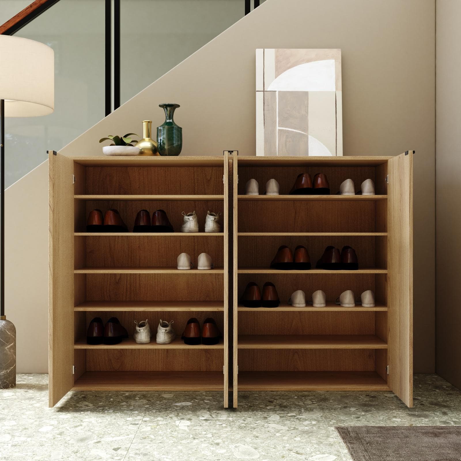 Scarpiera 160x114h cm rovere chiaro effetto parquet con maniglie nere e 4 ante - Mufasa