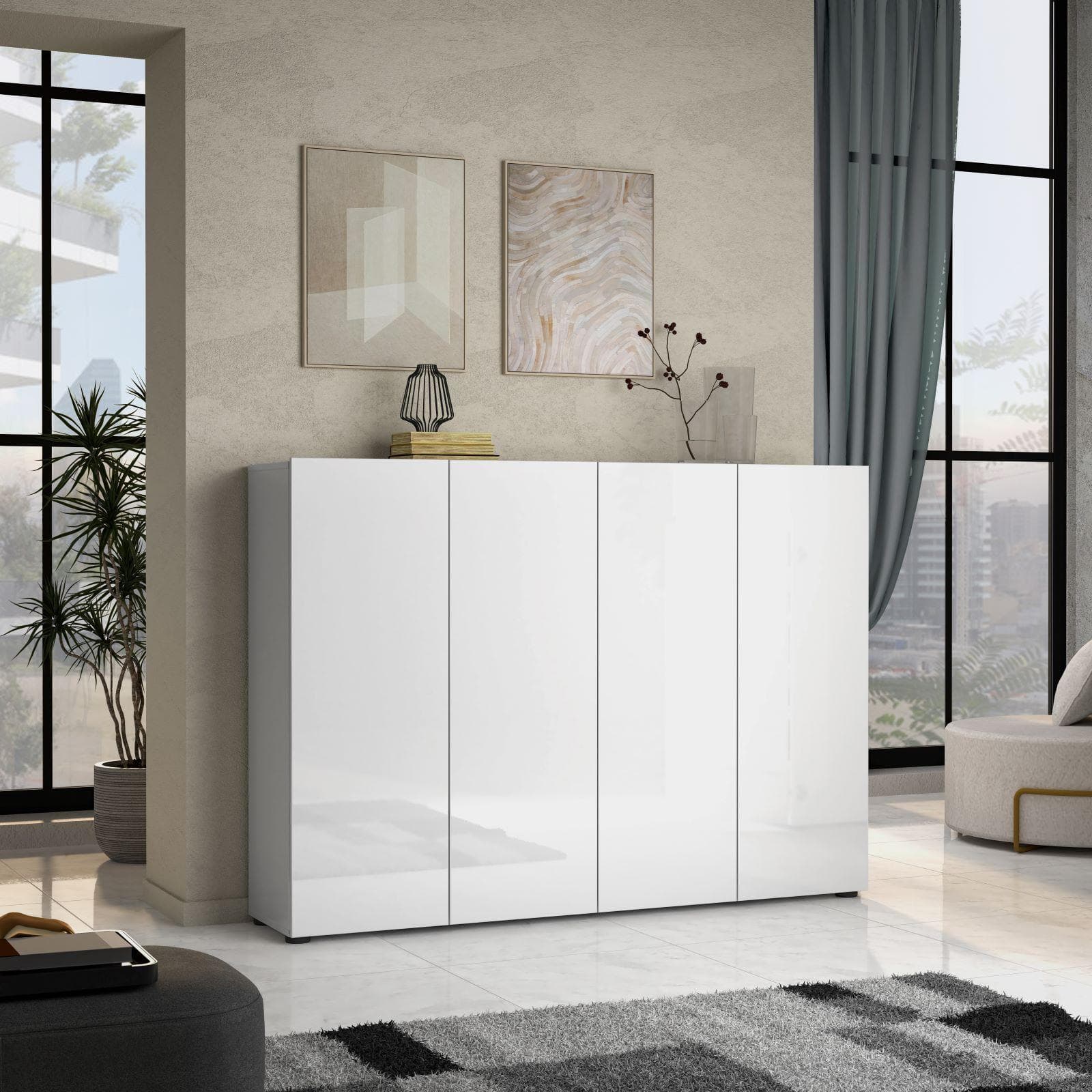 Scarpiera 160x114h cm bianco lucido con 4 ante - Macie