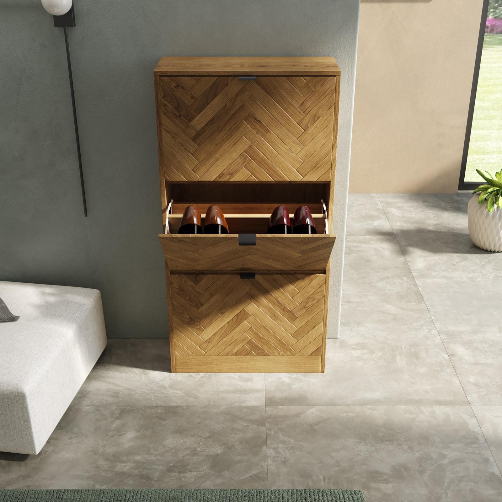 Scarpiera 60x117h cm in legno rovere chiaro effetto parquet con 3 ante a ribalta - Mufasa