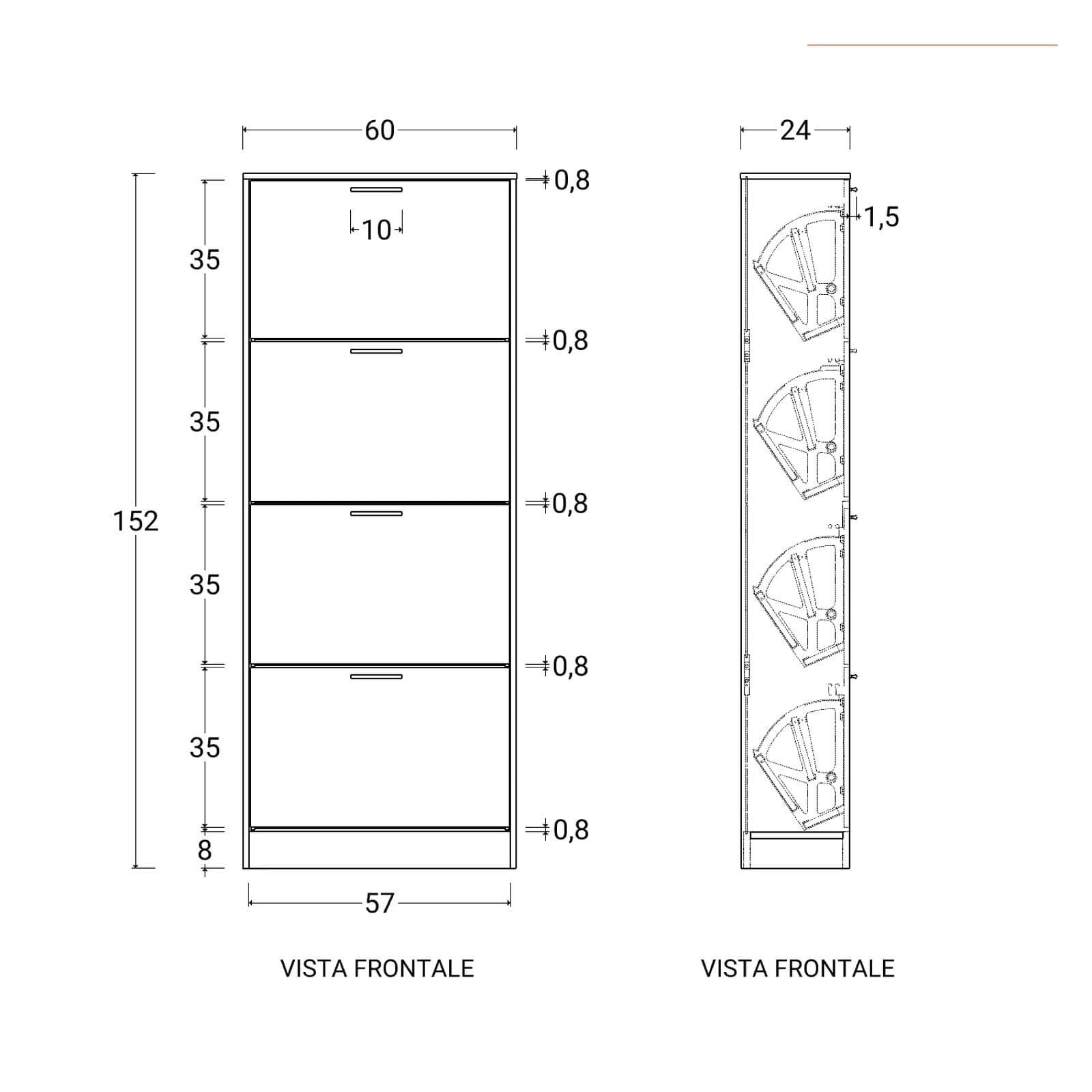 Scarpiera 60x153h cm antracite e rovere con 4 ante a ribalta - Sonic