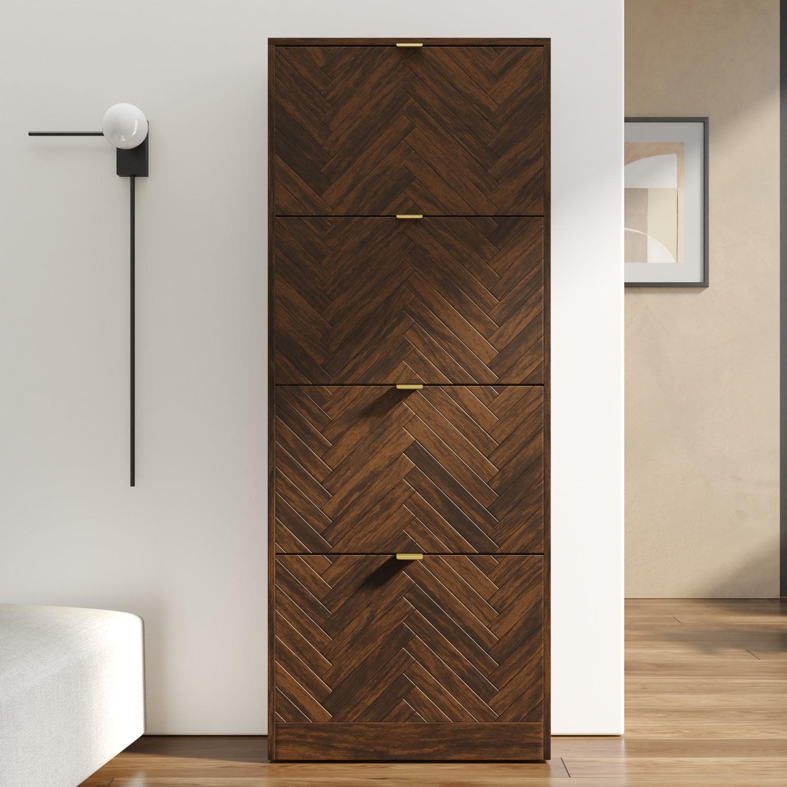 Scarpiera salvaspazio 60x153h cm legno noce effetto parquet con 4 ante a ribalta e maniglie oro bronzato - Mufasa