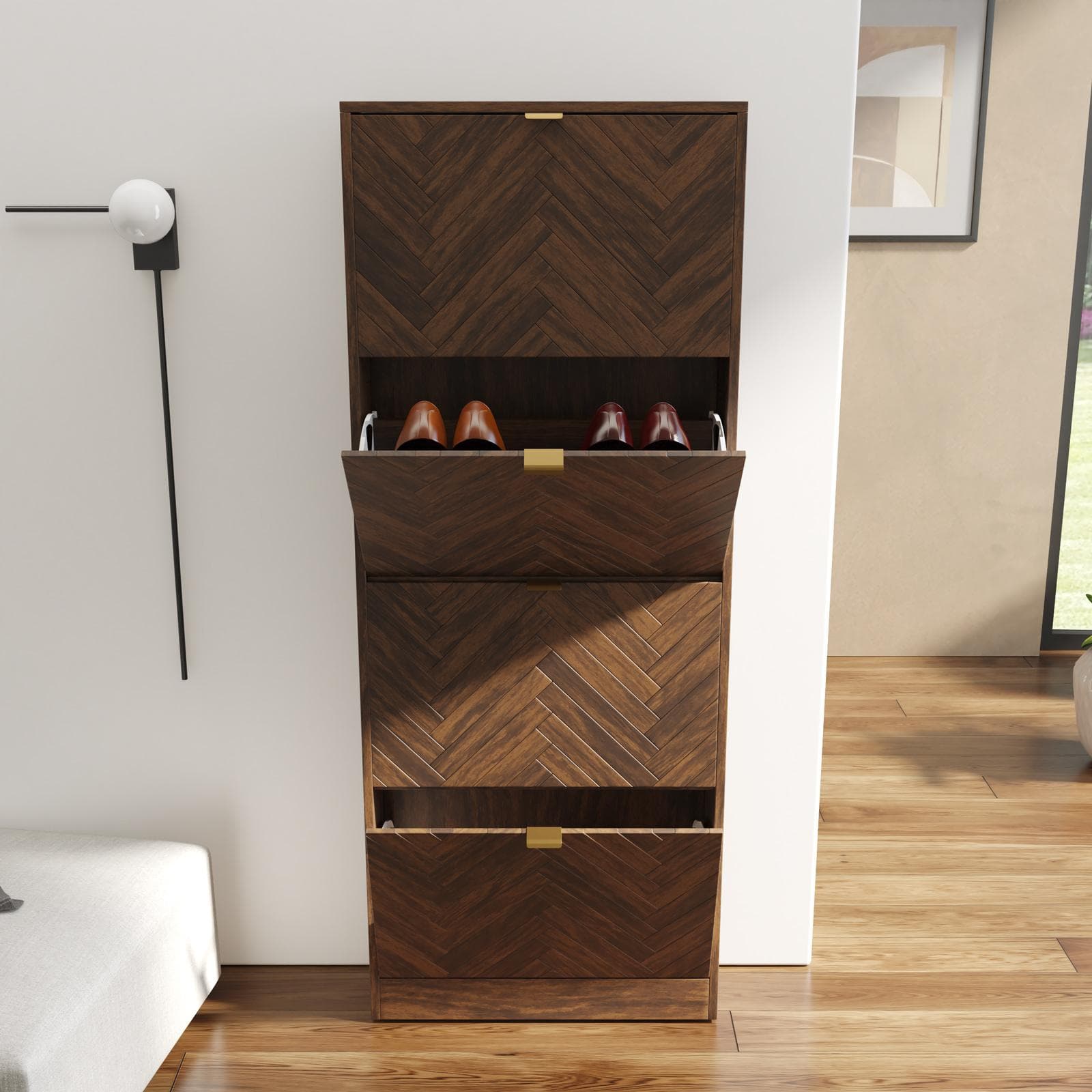 Scarpiera salvaspazio 60x153h cm legno noce effetto parquet con 4 ante a ribalta e maniglie oro bronzato - Mufasa