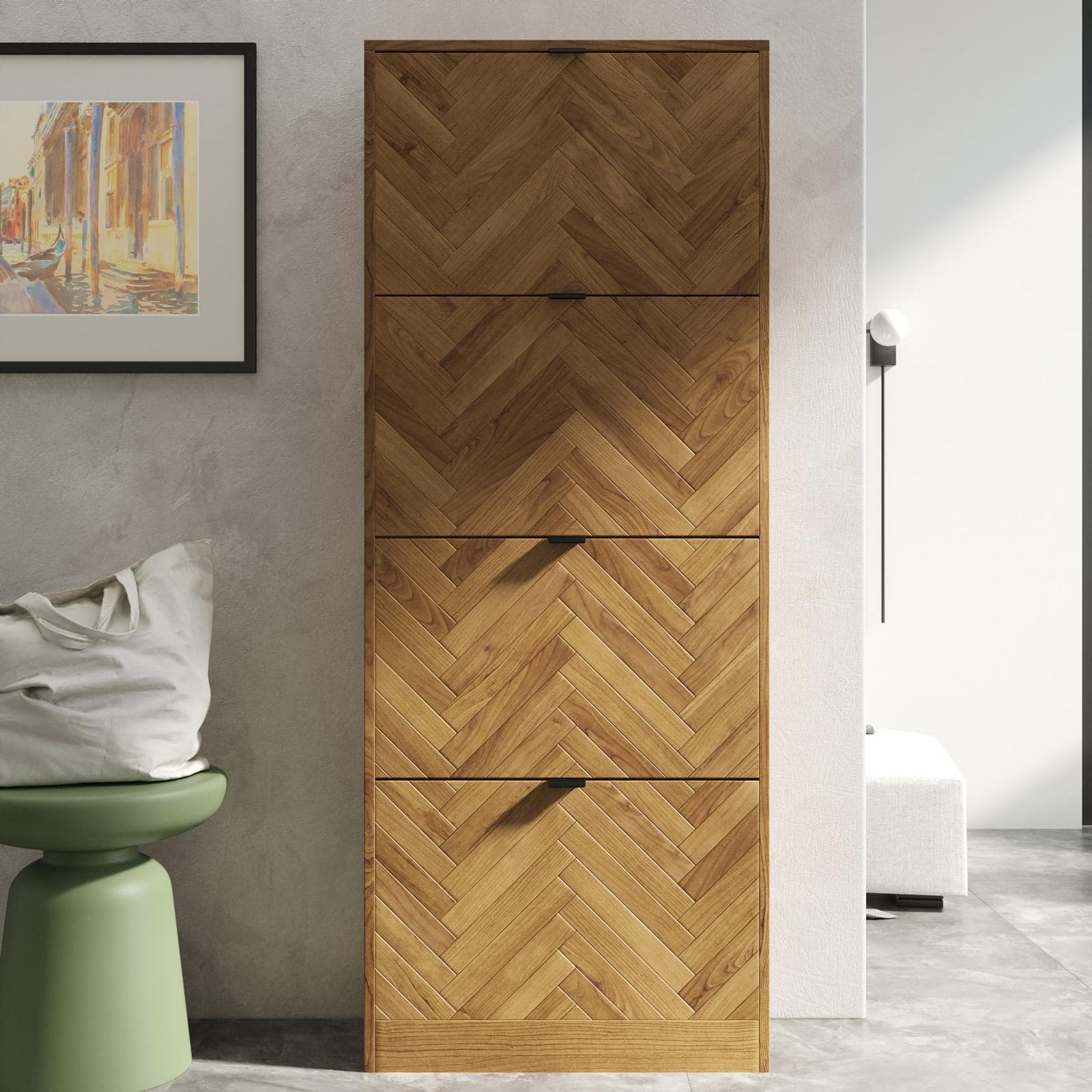 Scarpiera 60x153h cm in legno rovere chiaro effetto parquet con 4 ante a ribalta - Mufasa