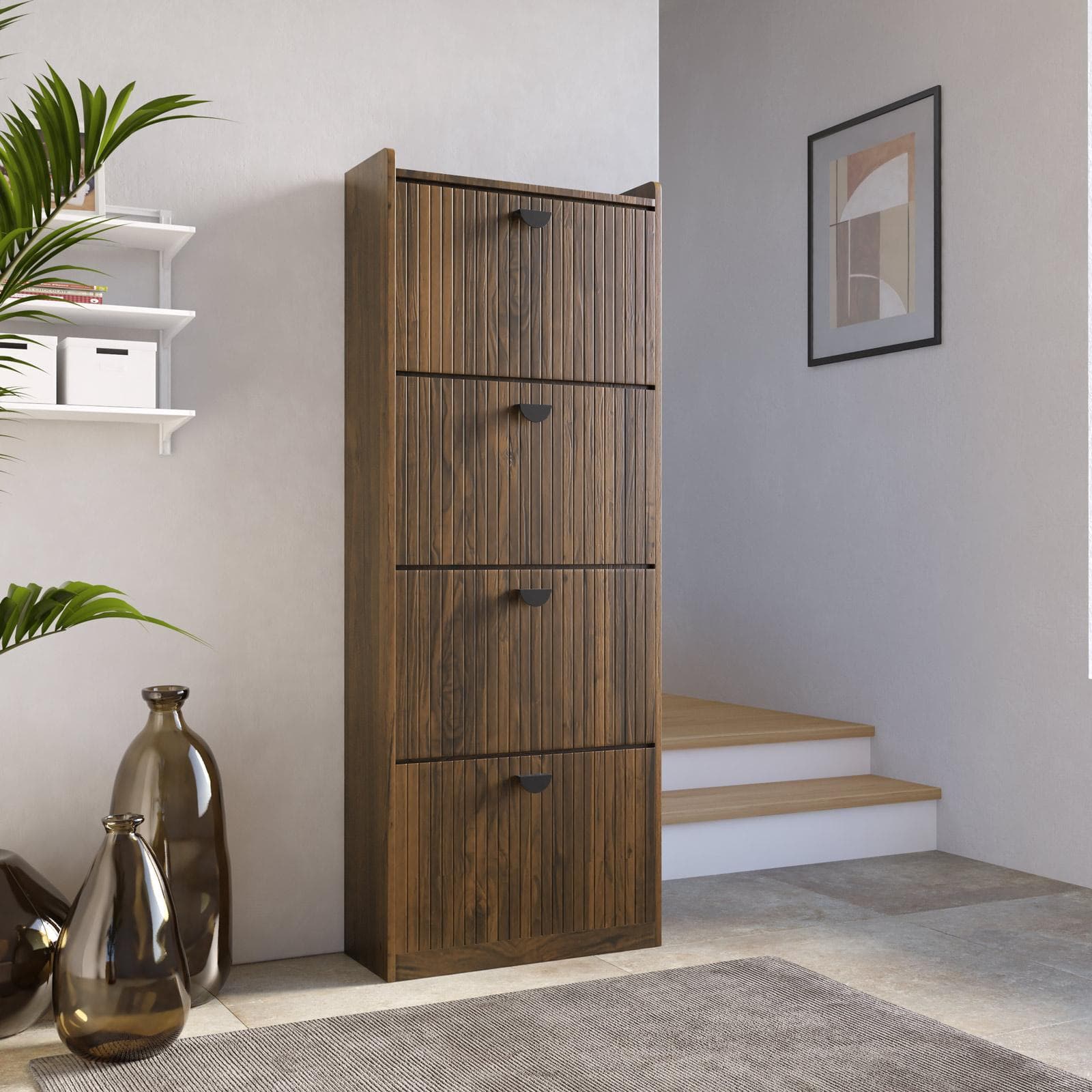 Scarpiera 60x157h cm con 4 ante a ribalta noce cannettato - Ozma