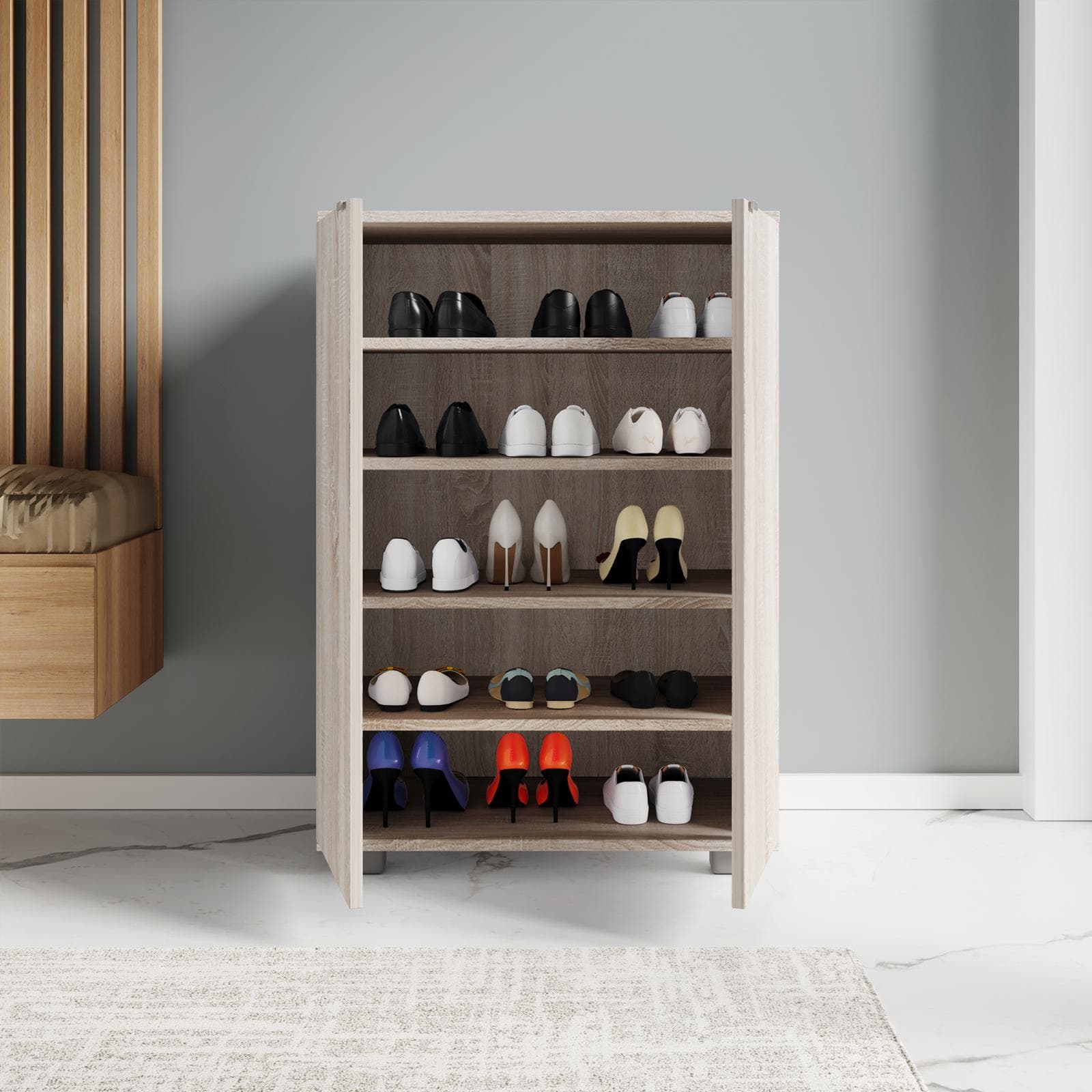 Scarpiera bassa 60x87h cm in legno rovere con 2 ante e 4 ripiani - Boos