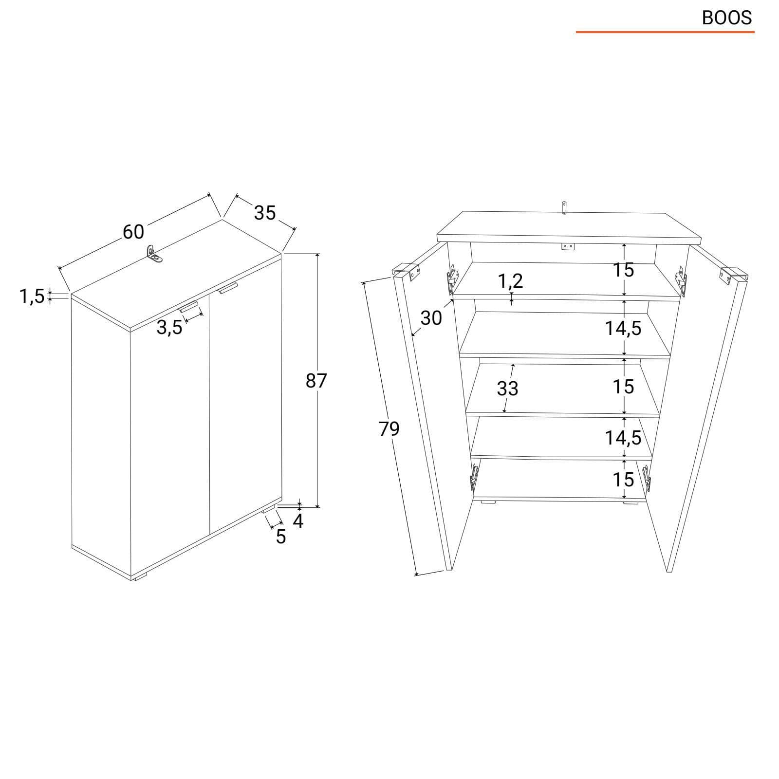 Scarpiera bassa 60x87h cm in legno rovere con 2 ante e 4 ripiani - Boos