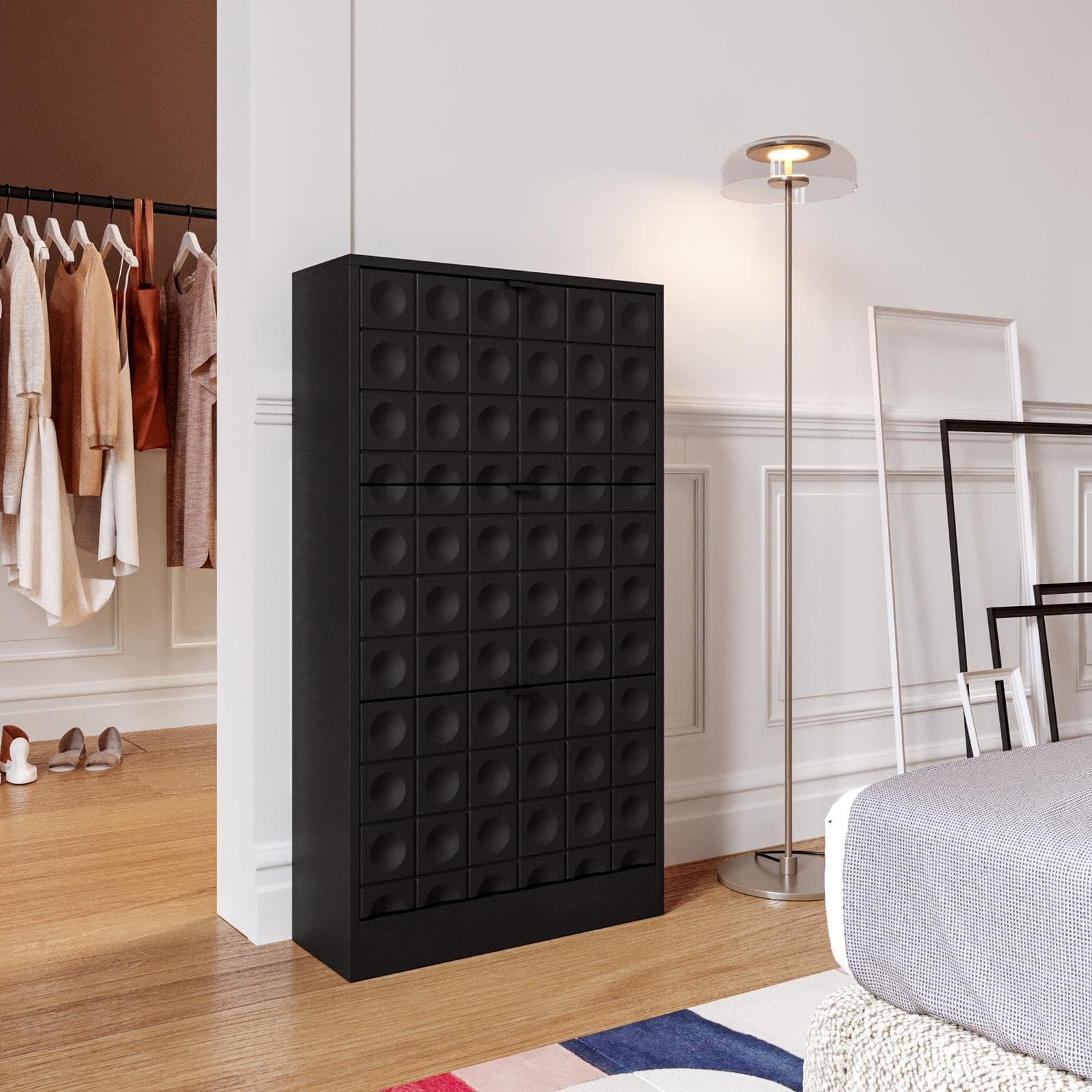 Scarpiera 63x117h cm nero con frontali decorati e 3 ante a ribalta - Miara