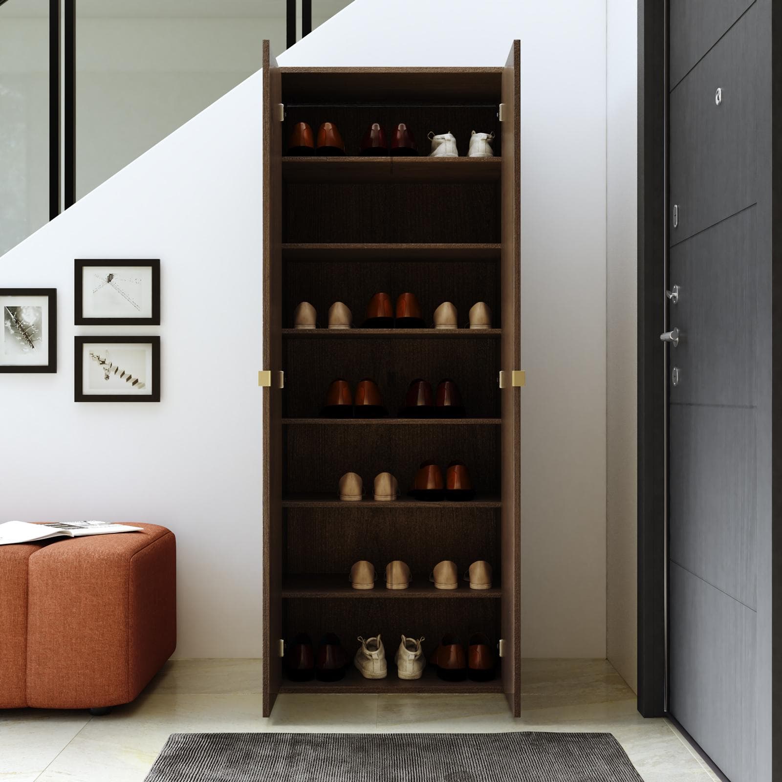Scarpiera 70x178h cm noce effetto parquet con maniglie oro bronzato e 2 ante - Mufasa