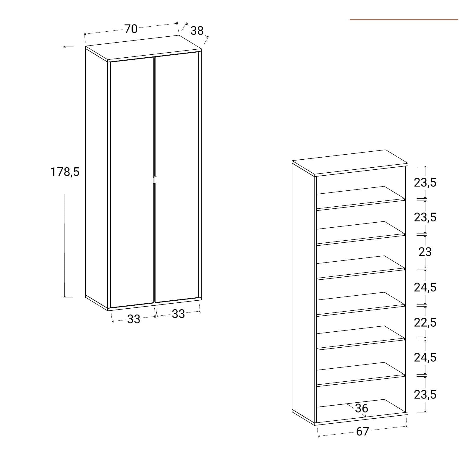 Scarpiera 70x178h cm noce effetto parquet con maniglie oro bronzato e 2 ante - Mufasa