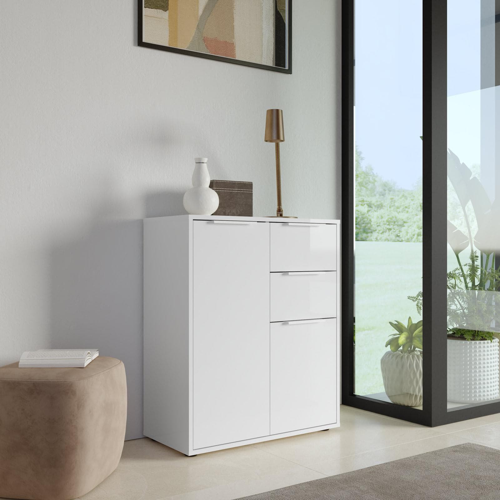 Mobile multiuso 72x88h cm bianco lucido con 2 ante e 2 cassetti - Delhi