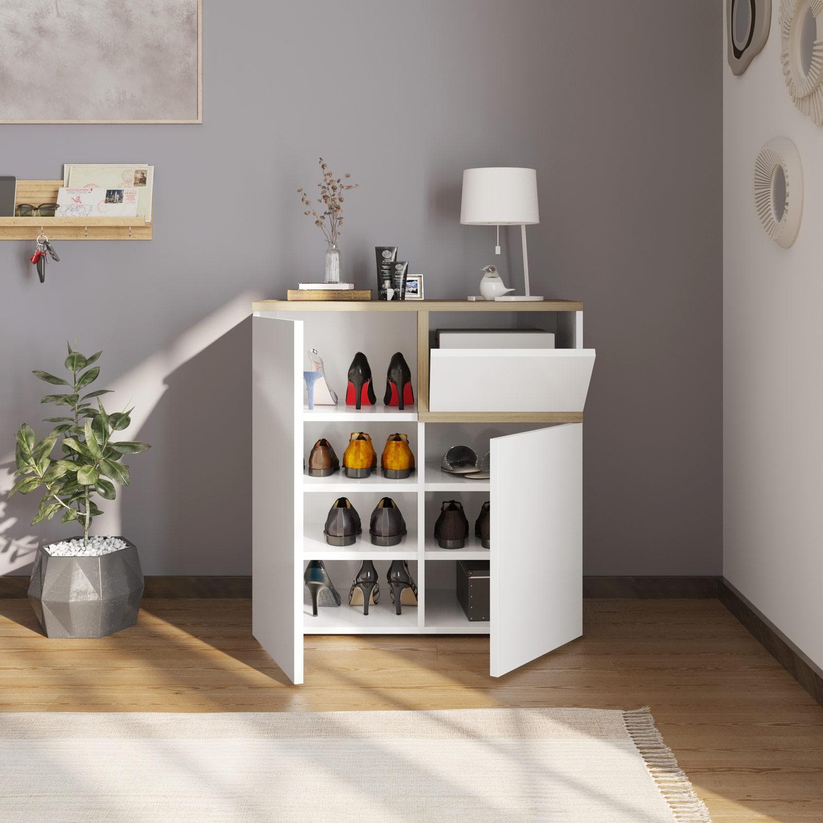 Scarpiera 80x82h cm con 2 ante e 1 anta a ribalta rovere e bianco - Cirill