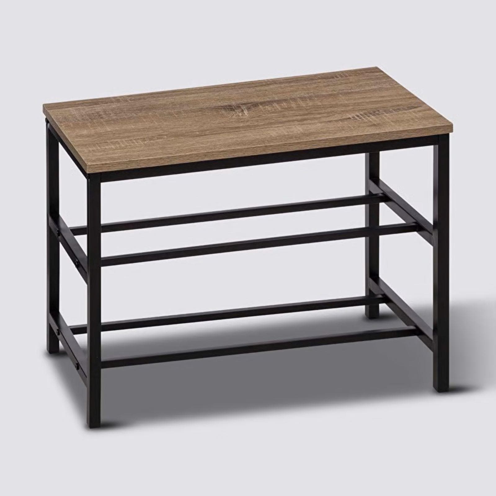Scarpiera a giorno 63x45h cm in acciaio nero ed effetto rovere con panca - Emyl