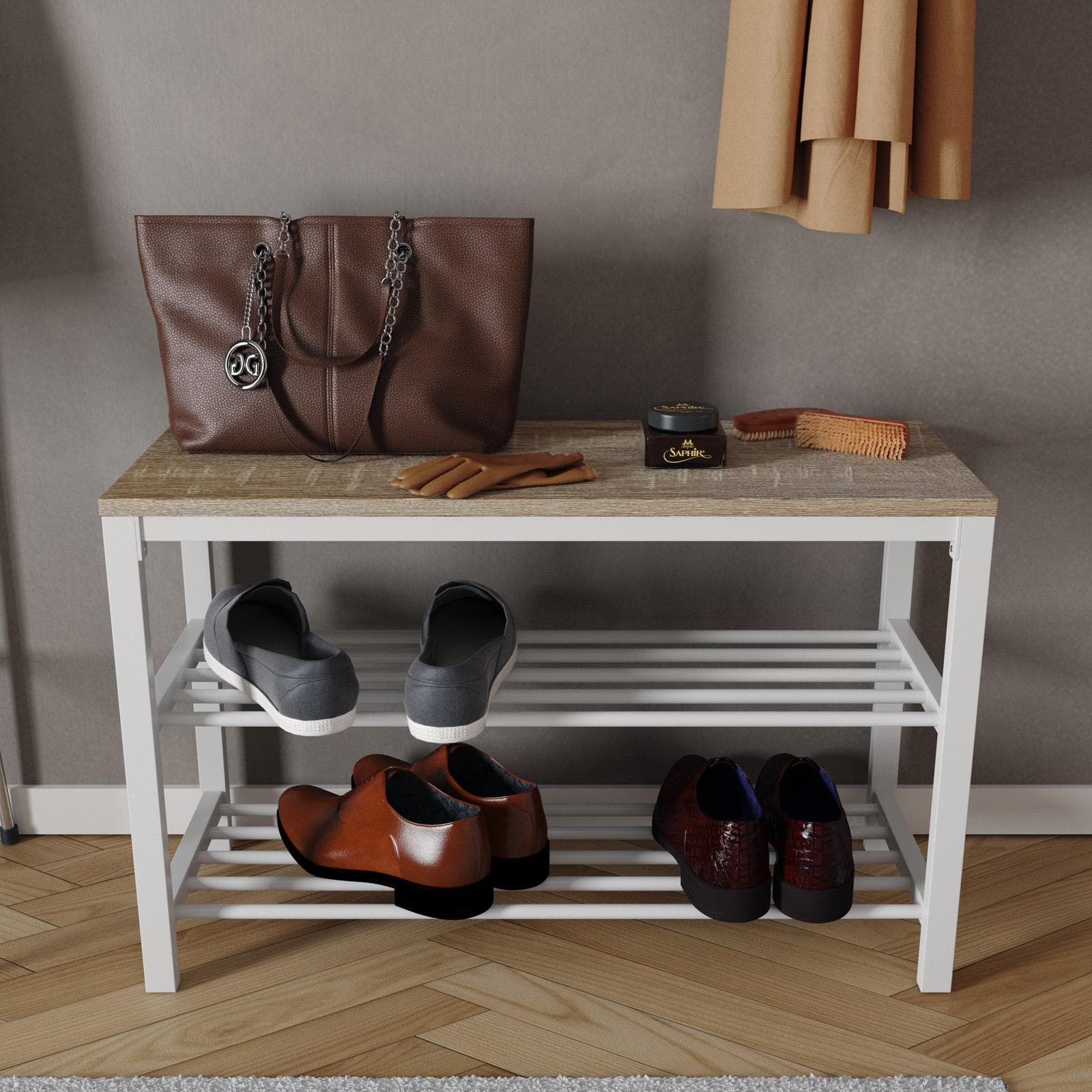 Scarpiera a giorno 80x30x51 h cm con top effetto rovere e struttura in metallo bianco - Ascent
