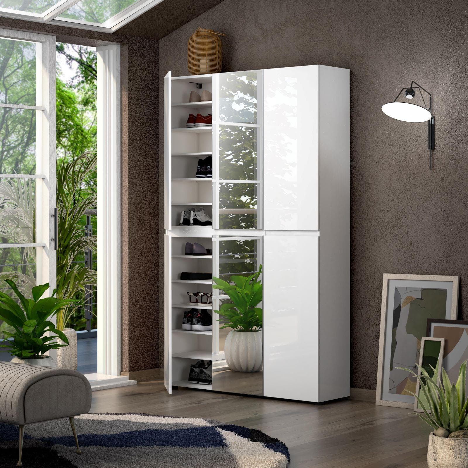 Scarpiera alta 120x200h cm bianco lucido con 6 ante e specchi - Macie