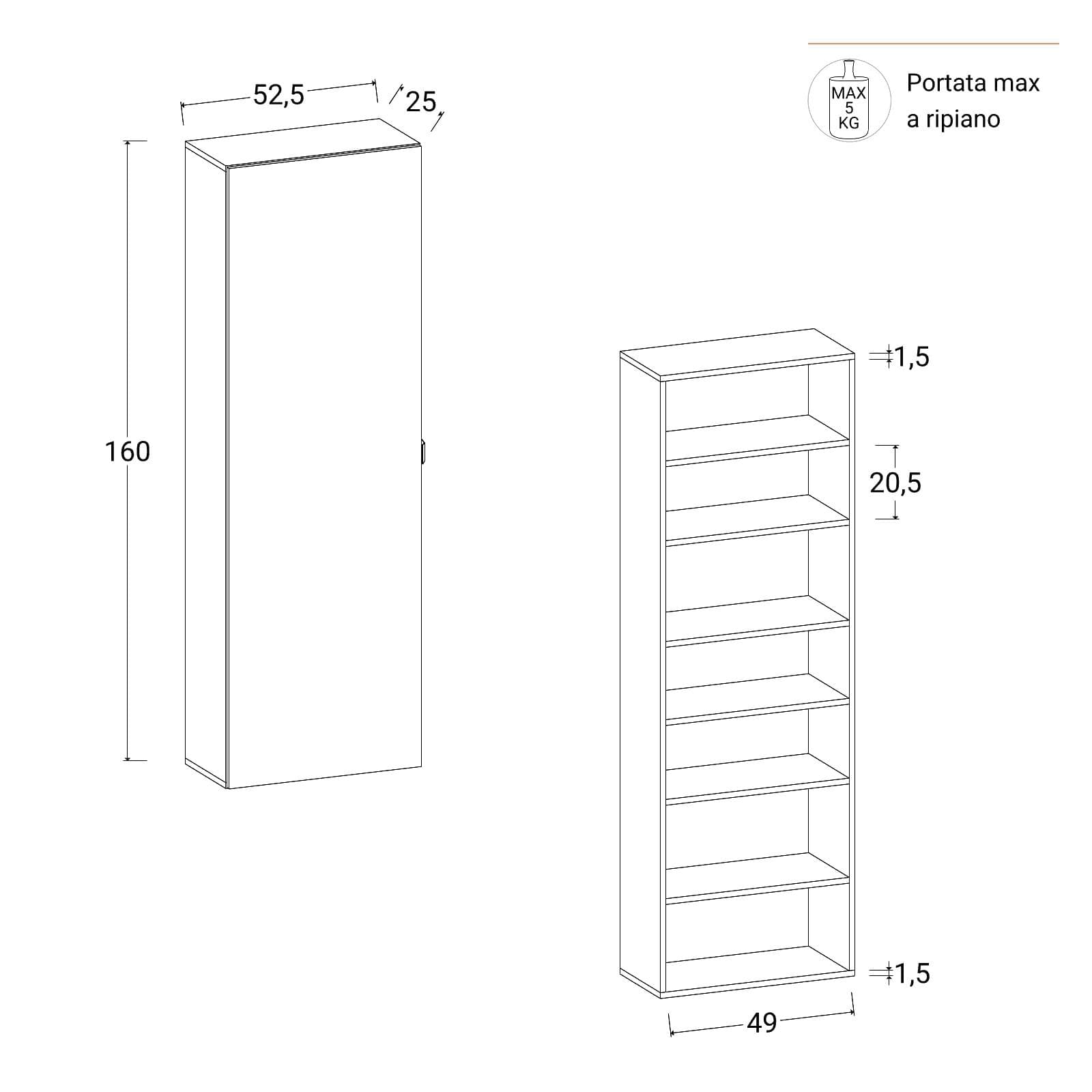BOOS SCARPIERA L 52,5 X H 160 X P 25 CM 6 RIPIANI C/SPECCHIO BIANCO