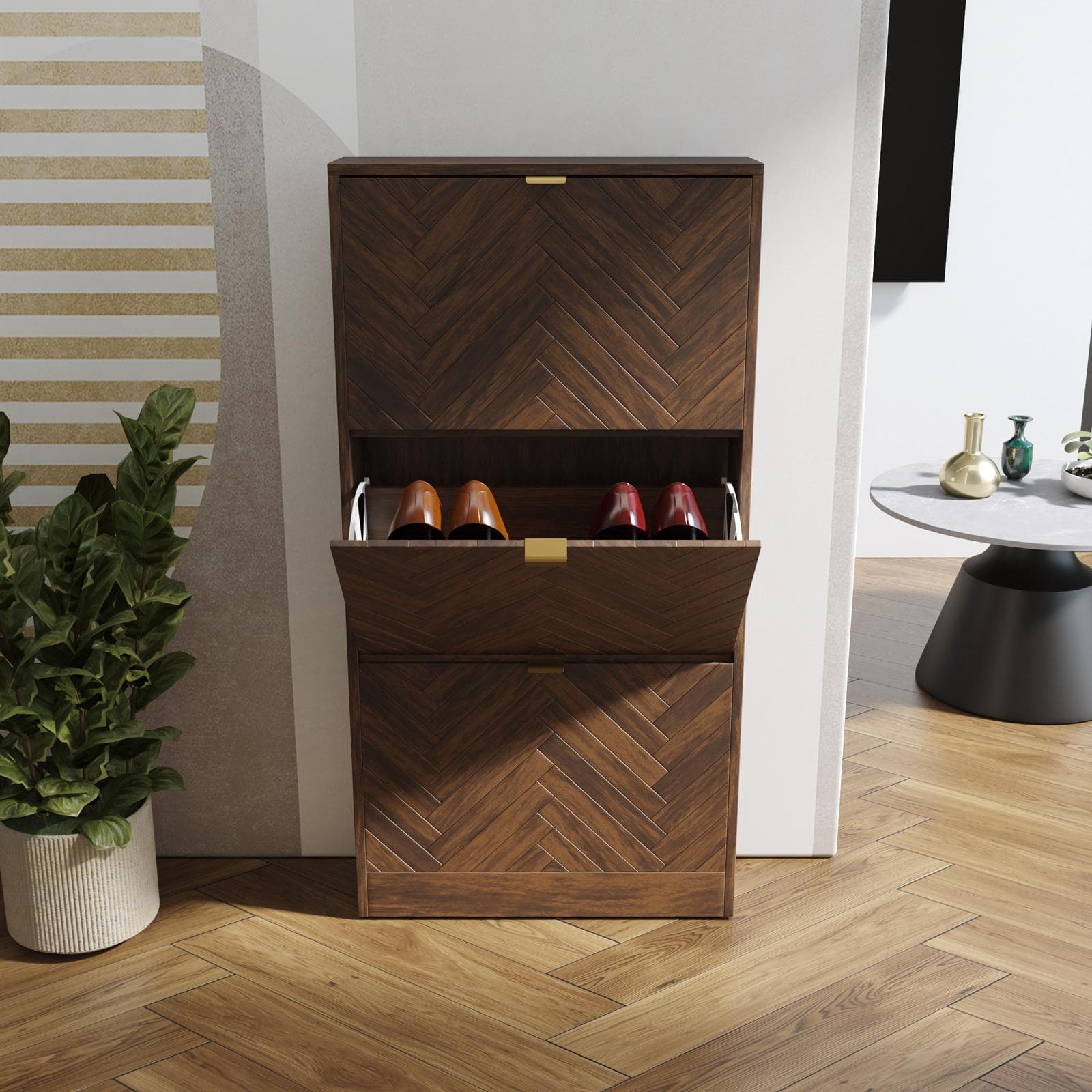 Scarpiera salvaspazio 60x117h cm in legno noce effetto parquet 3 ante a ribalta e maniglie oro bronzato - Mufasa
