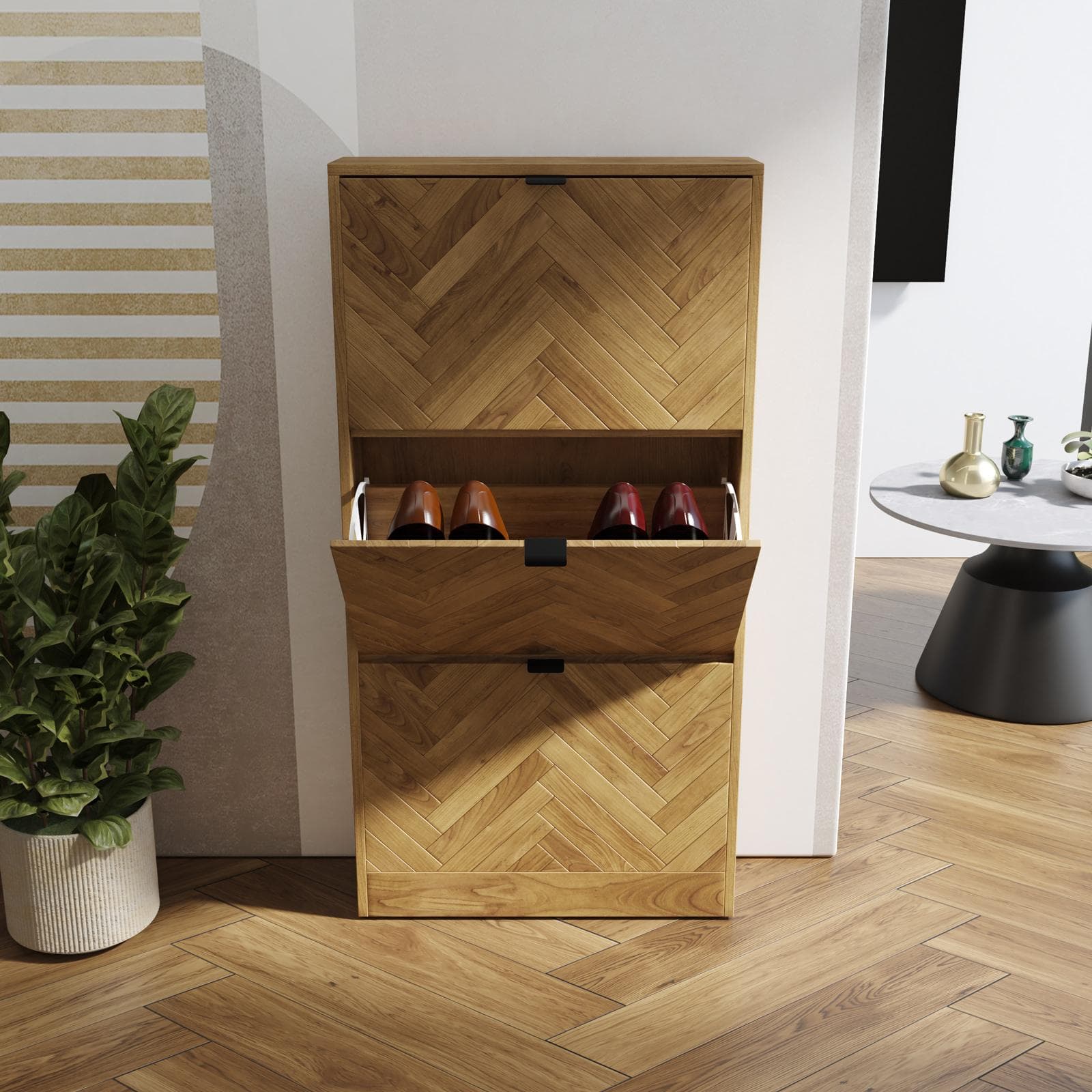 Scarpiera salvaspazio 60x117h cm in legno rovere chiaro effetto parquet con 3 ante a ribalta - Mufasa