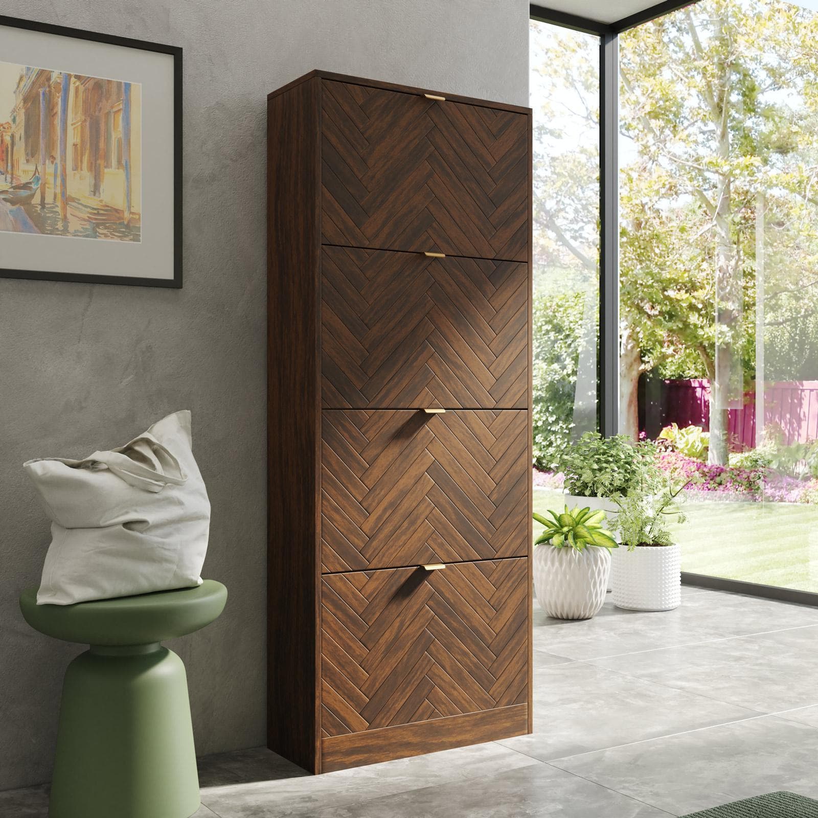 Scarpiera 60x153h cm legno noce effetto parquet con 4 ante a ribalta e maniglie oro bronzato - Mufasa