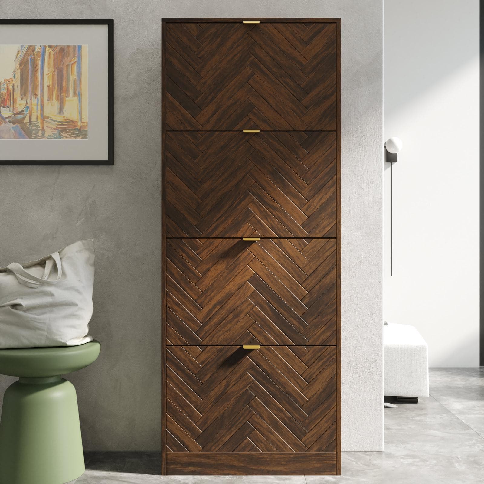 Scarpiera 60x153h cm legno noce effetto parquet con 4 ante a ribalta e maniglie oro bronzato - Mufasa