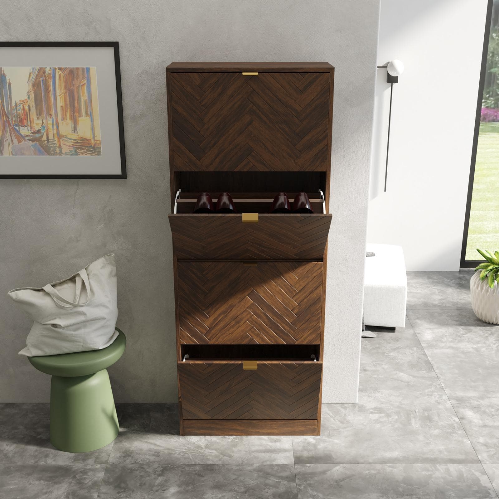 Scarpiera 60x153h cm legno noce effetto parquet con 4 ante a ribalta e maniglie oro bronzato - Mufasa