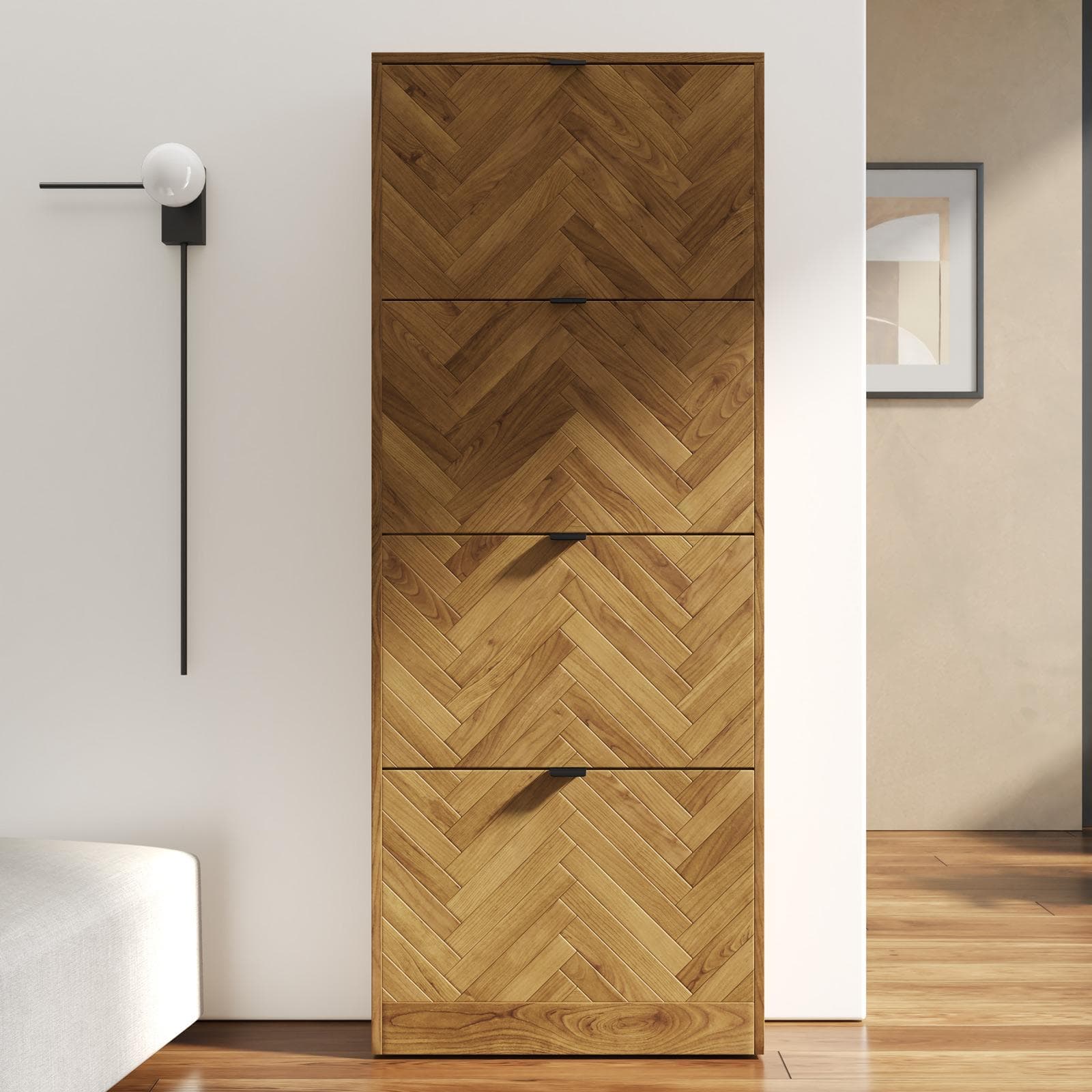 Scarpiera salvaspazio 60x153h cm in legno rovere chiaro effetto parquet con 4 ante a ribalta - Mufasa