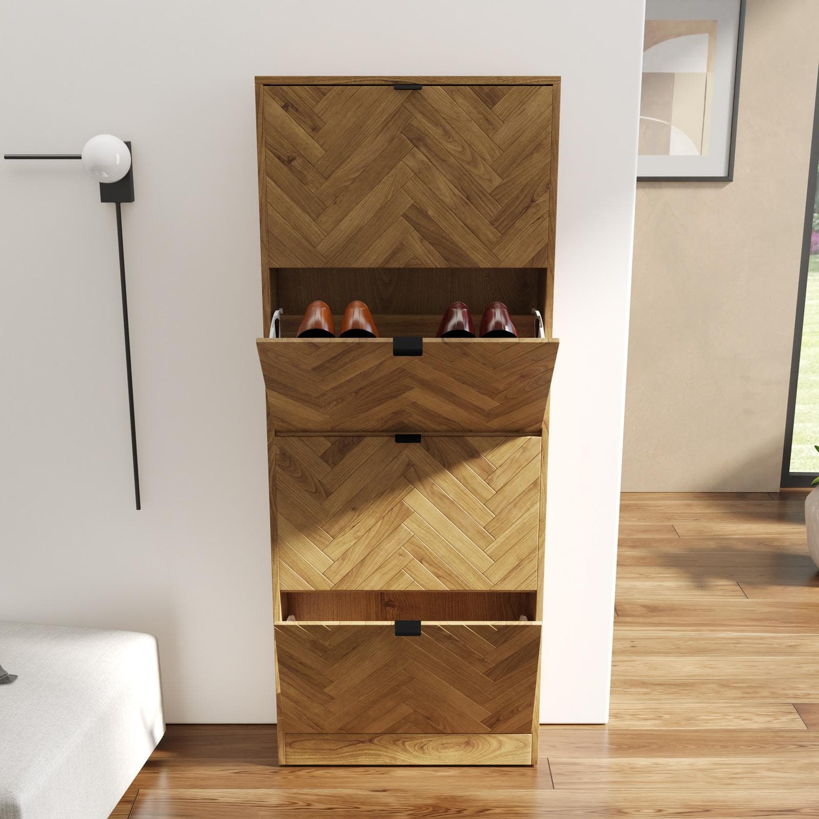 Scarpiera salvaspazio 60x153h cm in legno rovere chiaro effetto parquet con 4 ante a ribalta - Mufasa