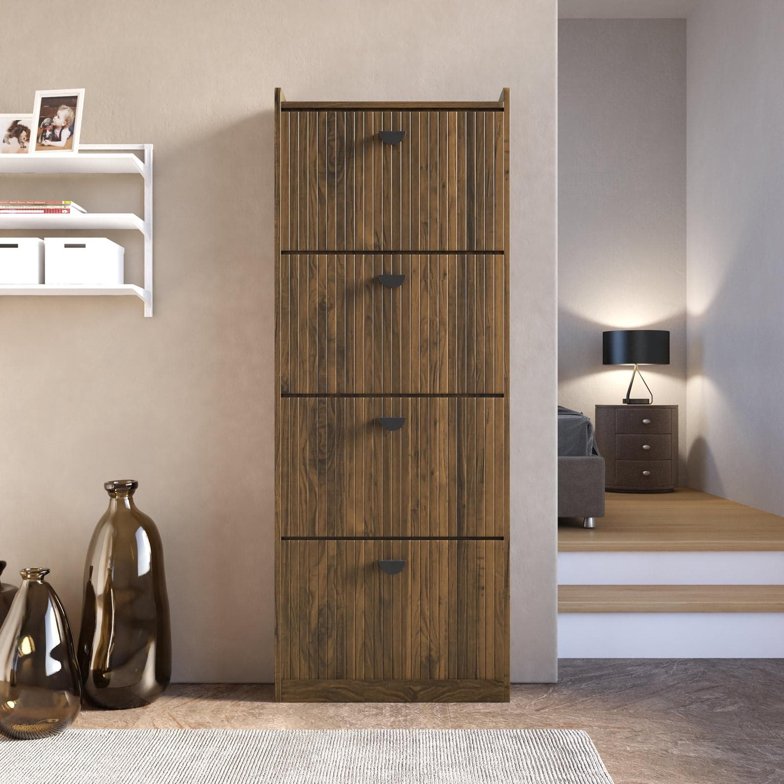 Scarpiera salvaspazio 60x157h cm con 4 ante a ribalta noce cannettato - Ozma