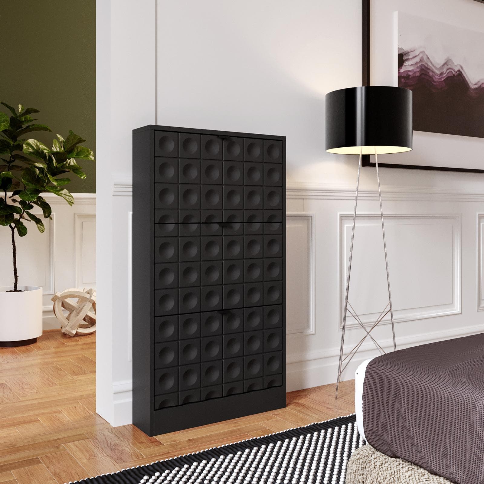 Scarpiera salvaspazio 63x117h cm nero con frontali decorati e 3 ante a ribalta - Miara