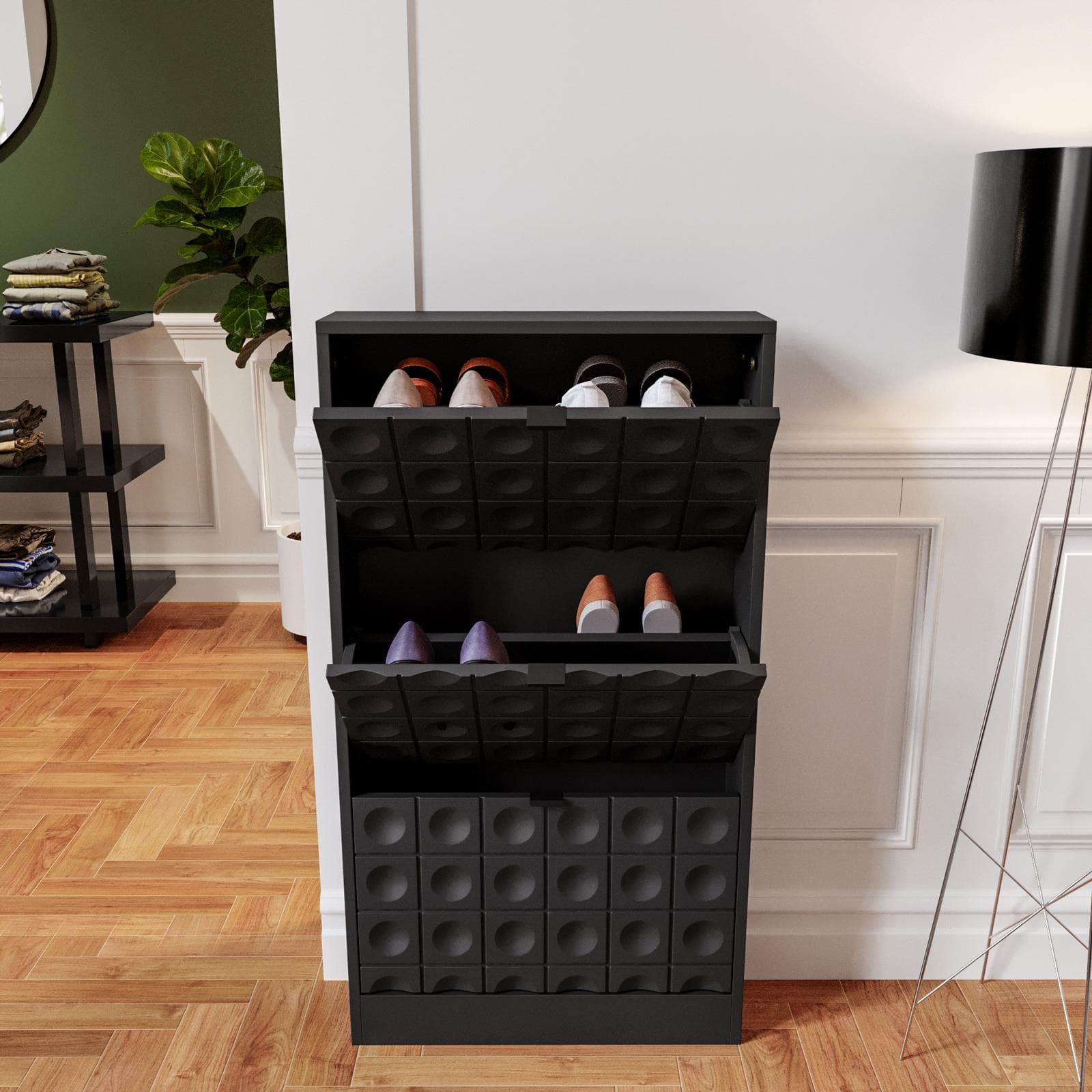 Scarpiera salvaspazio 63x117h cm nero con frontali decorati e 3 ante a ribalta - Miara