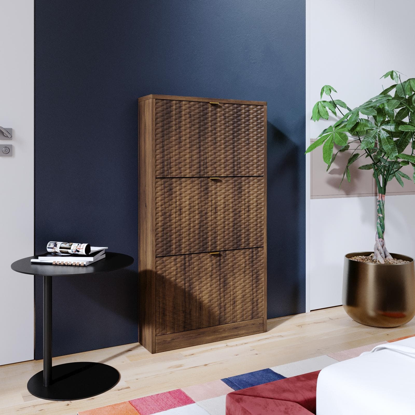 Scarpiera salvaspazio 63x117h cm noce con frontali decorati e 3 ante a ribalta - Kyra
