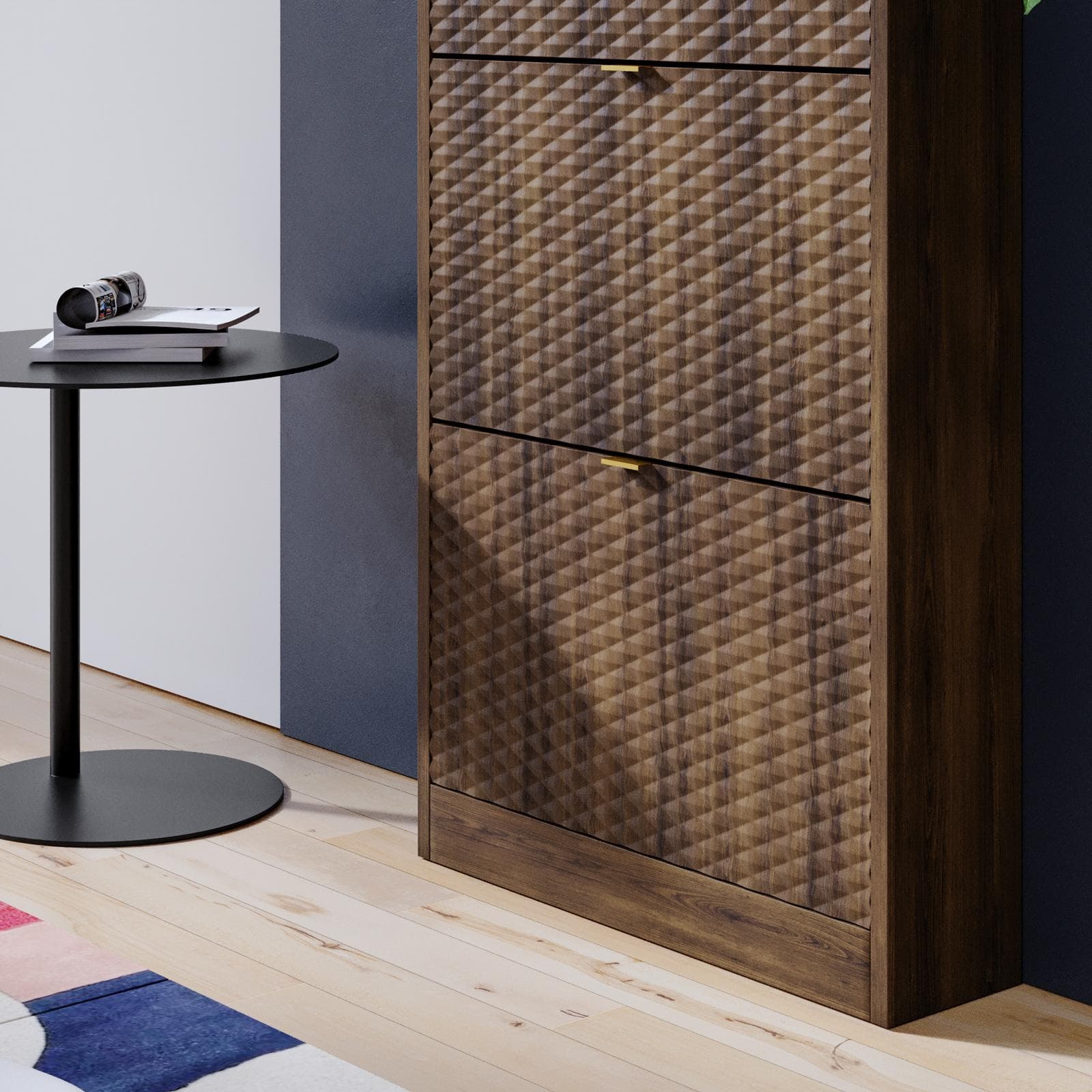 Scarpiera salvaspazio 63x117h cm noce con frontali decorati e 3 ante a ribalta - Kyra