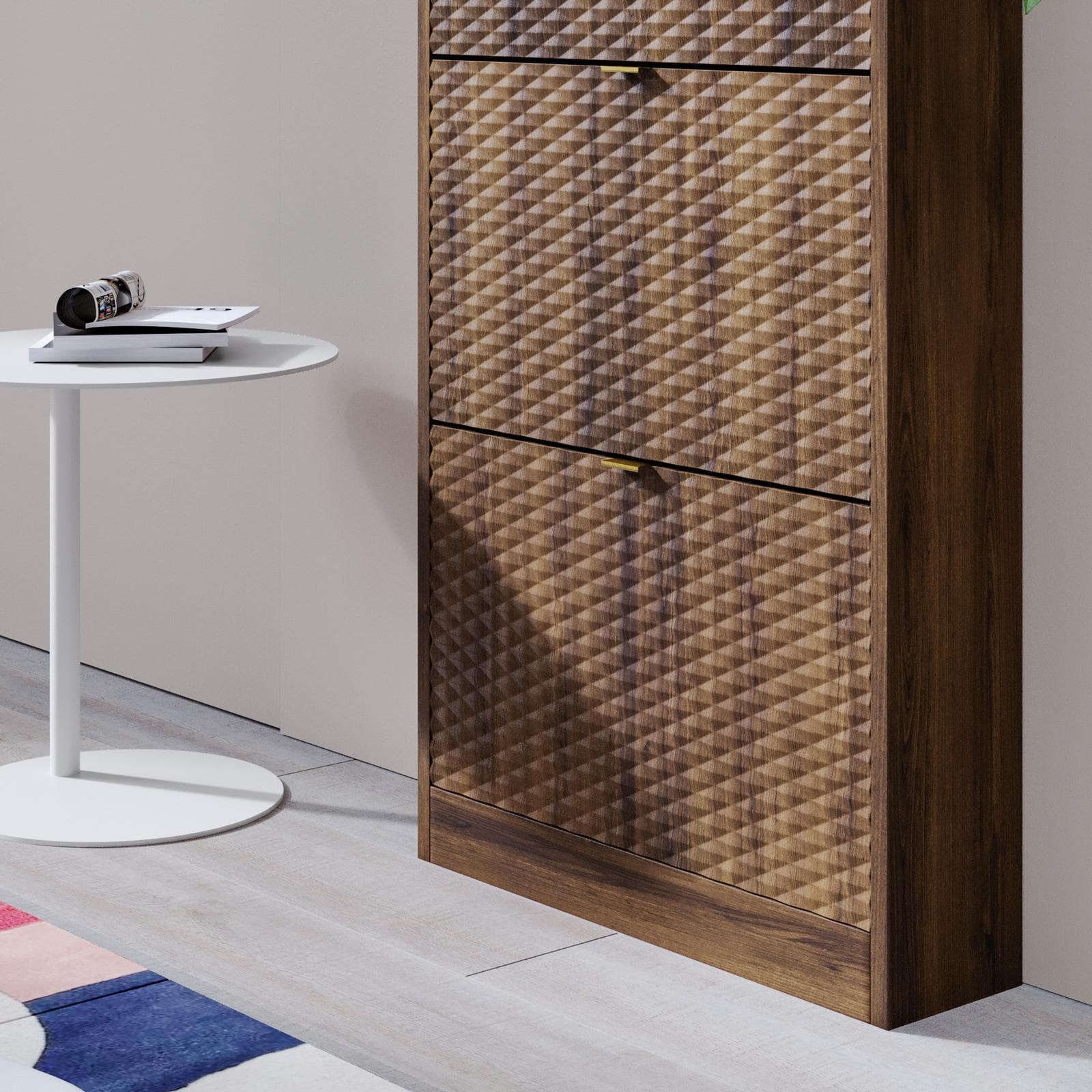 Scarpiera salvaspazio 63x153h cm noce con frontali decorati e 4 ante a ribalta - Kyra