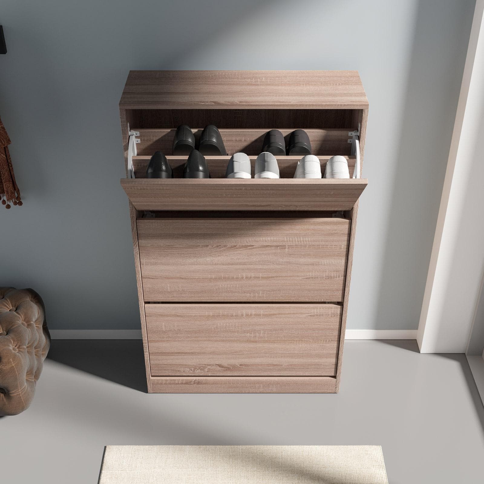 Scarpiera 73x119 h cm in legno color rovere con 3 ante a ribalta - Primado