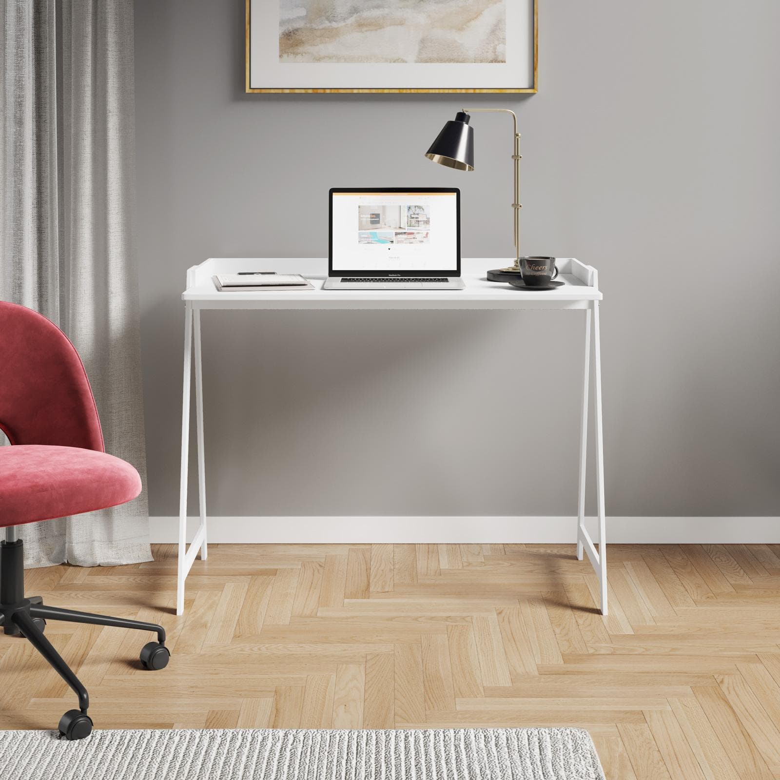 Scrivania 100x50 cm con top in legno e struttura in acciaio bianco - Noriza