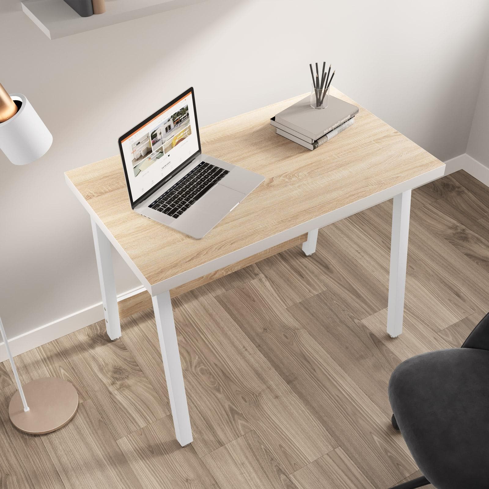 Scrivania 100x60 cm con piano in legno rovere chiaro e gambe in acciaio bianco - Apax