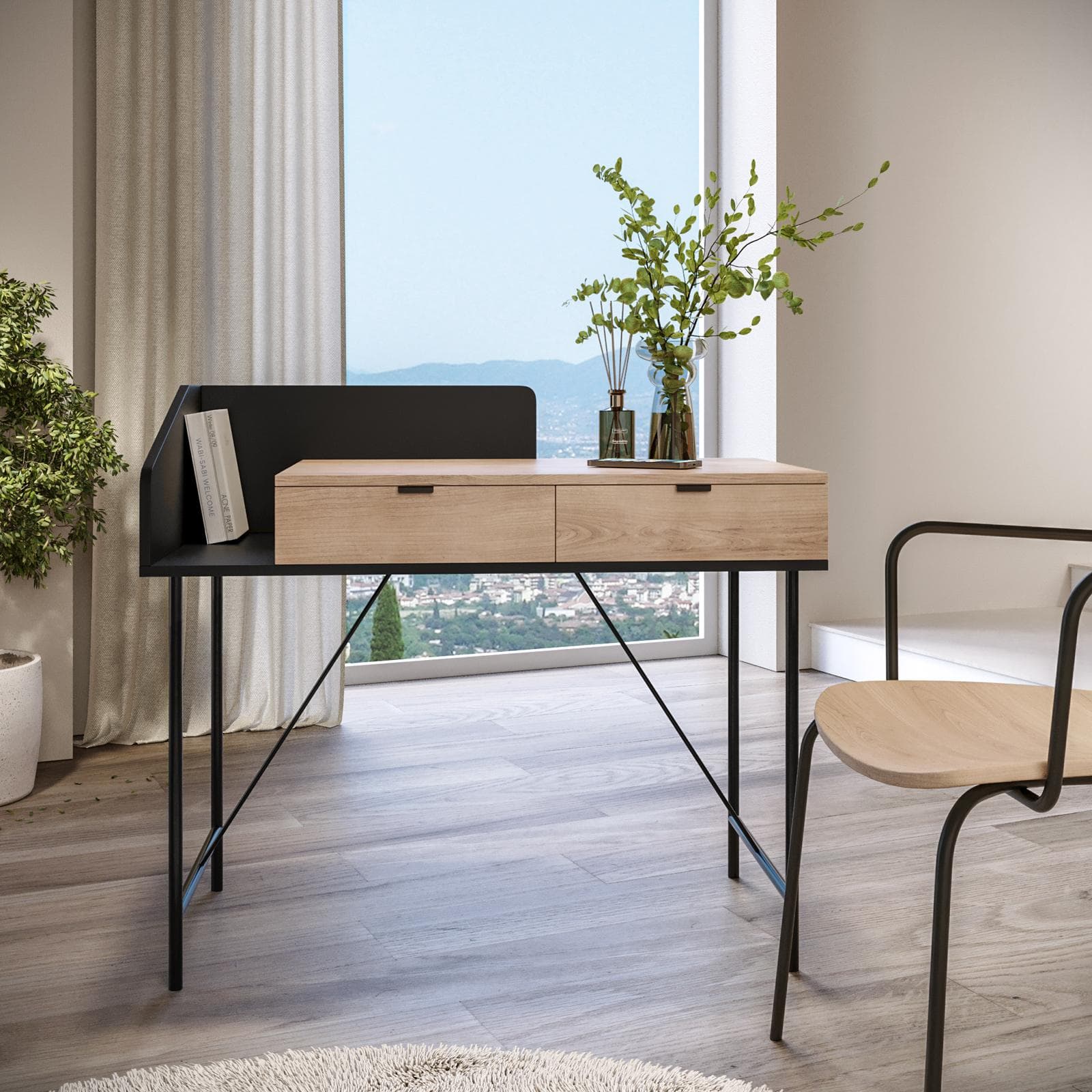 Scrivania 100x50 cm top in legno e struttura in metallo nero con 2 cassetti - Clefy
