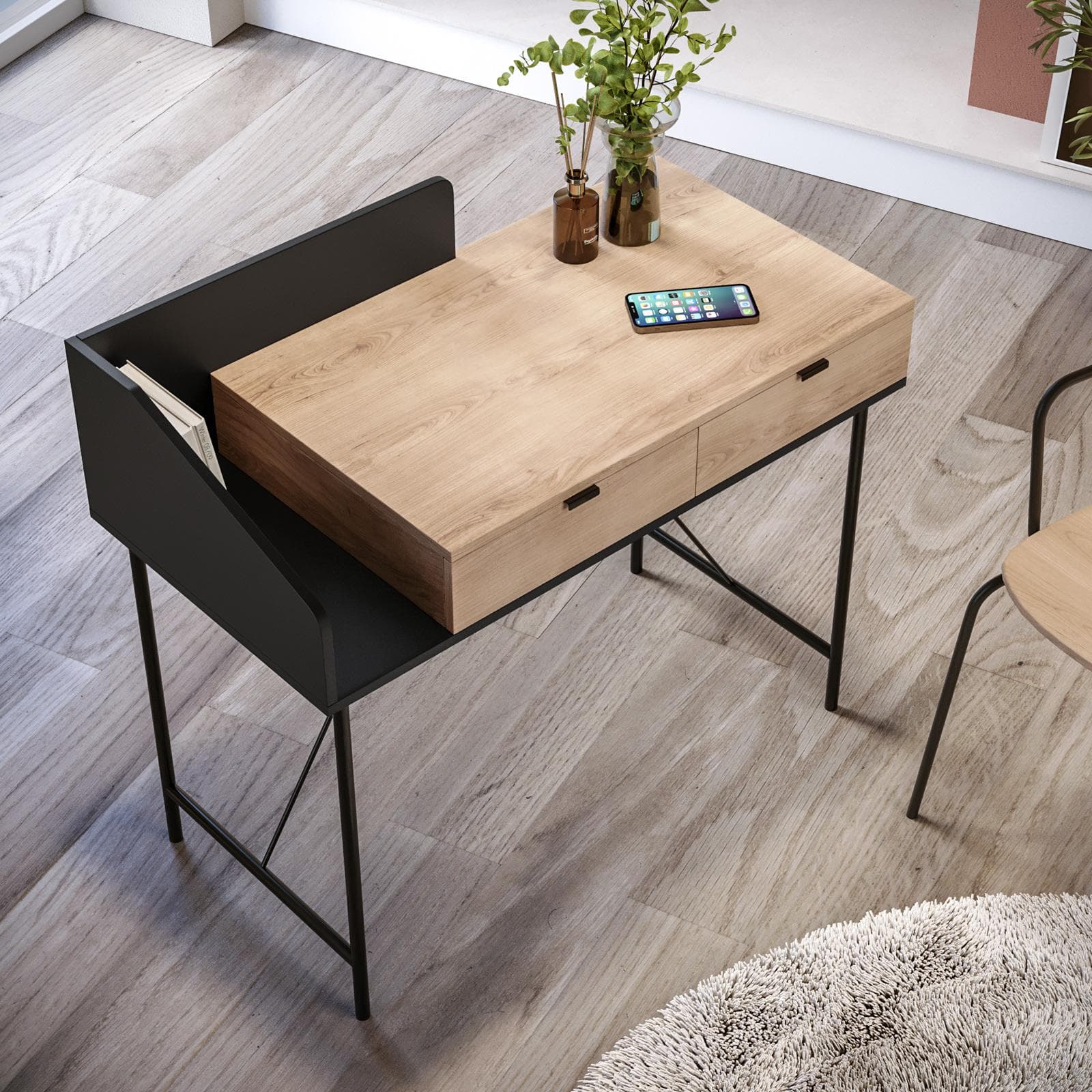 Scrivania 100x50 cm top in legno e struttura in metallo nero con 2 cassetti - Clefy