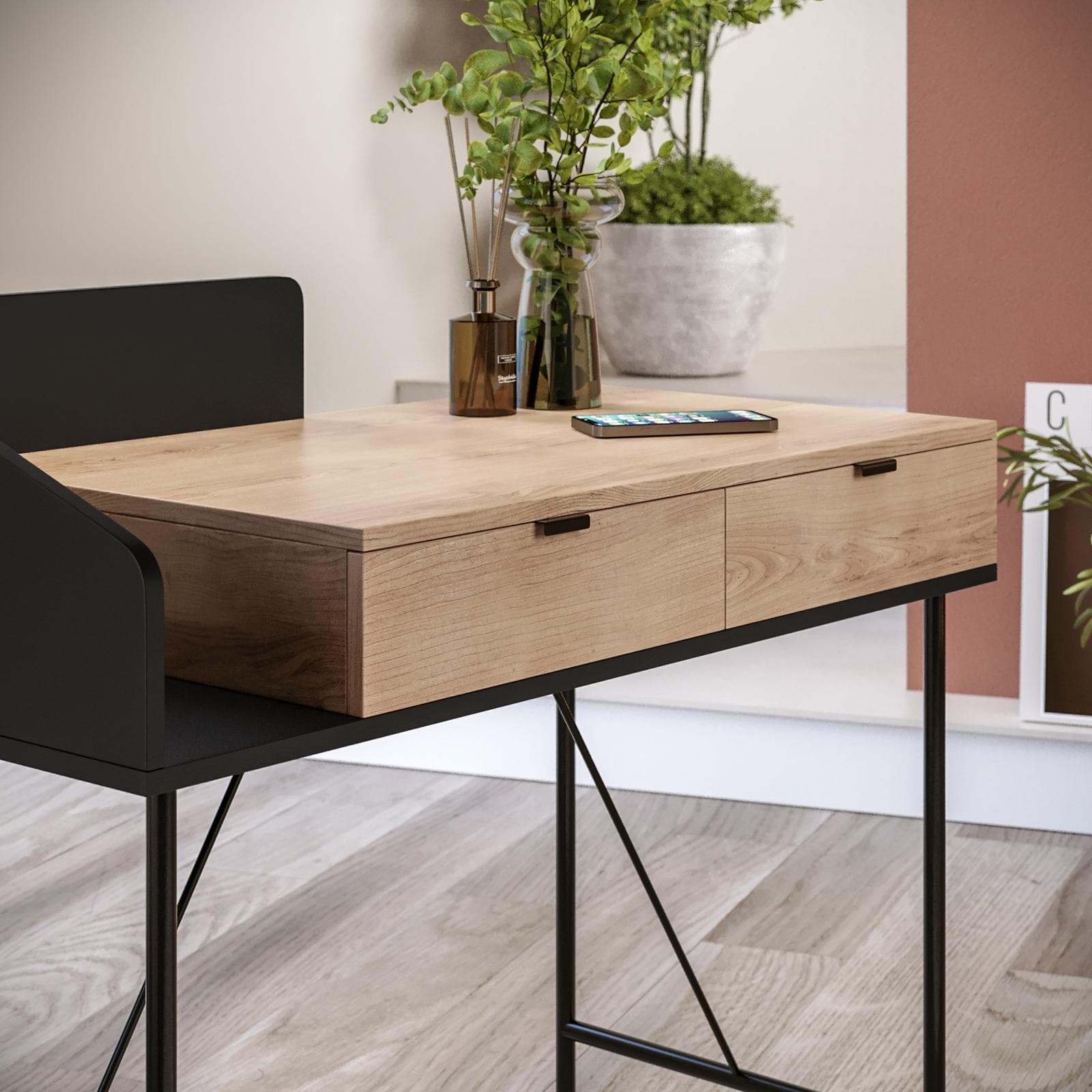 Scrivania 100x50 cm top in legno e struttura in metallo nero con 2 cassetti - Clefy