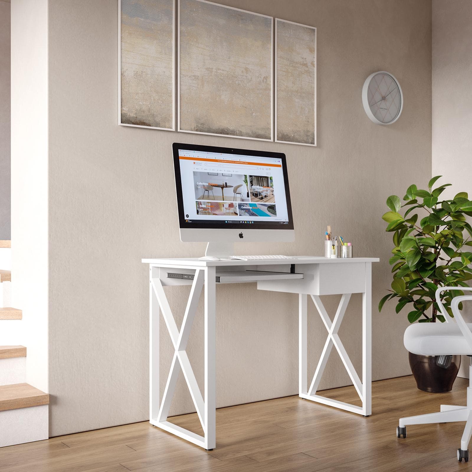 Scrivania 100x55 cm bianco con cassetto e ripiano tastiera scorrevole - Apta