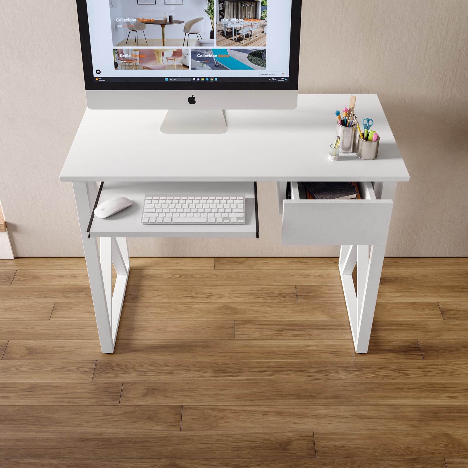 Scrivania 100x55 cm bianco con cassetto e ripiano tastiera scorrevole - Apta