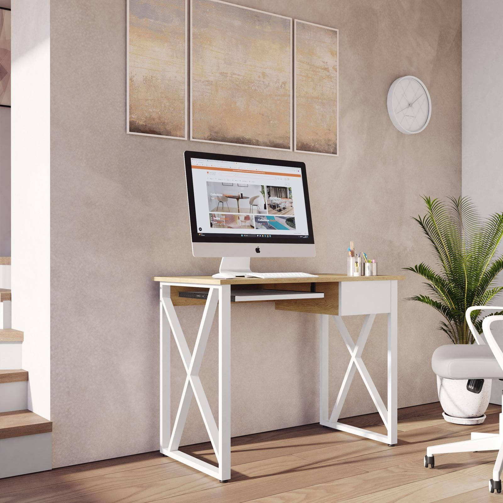 Scrivania 100x55 cm con top effetto frassino con cassetto e ripiano tastiera scorrevole - Apta